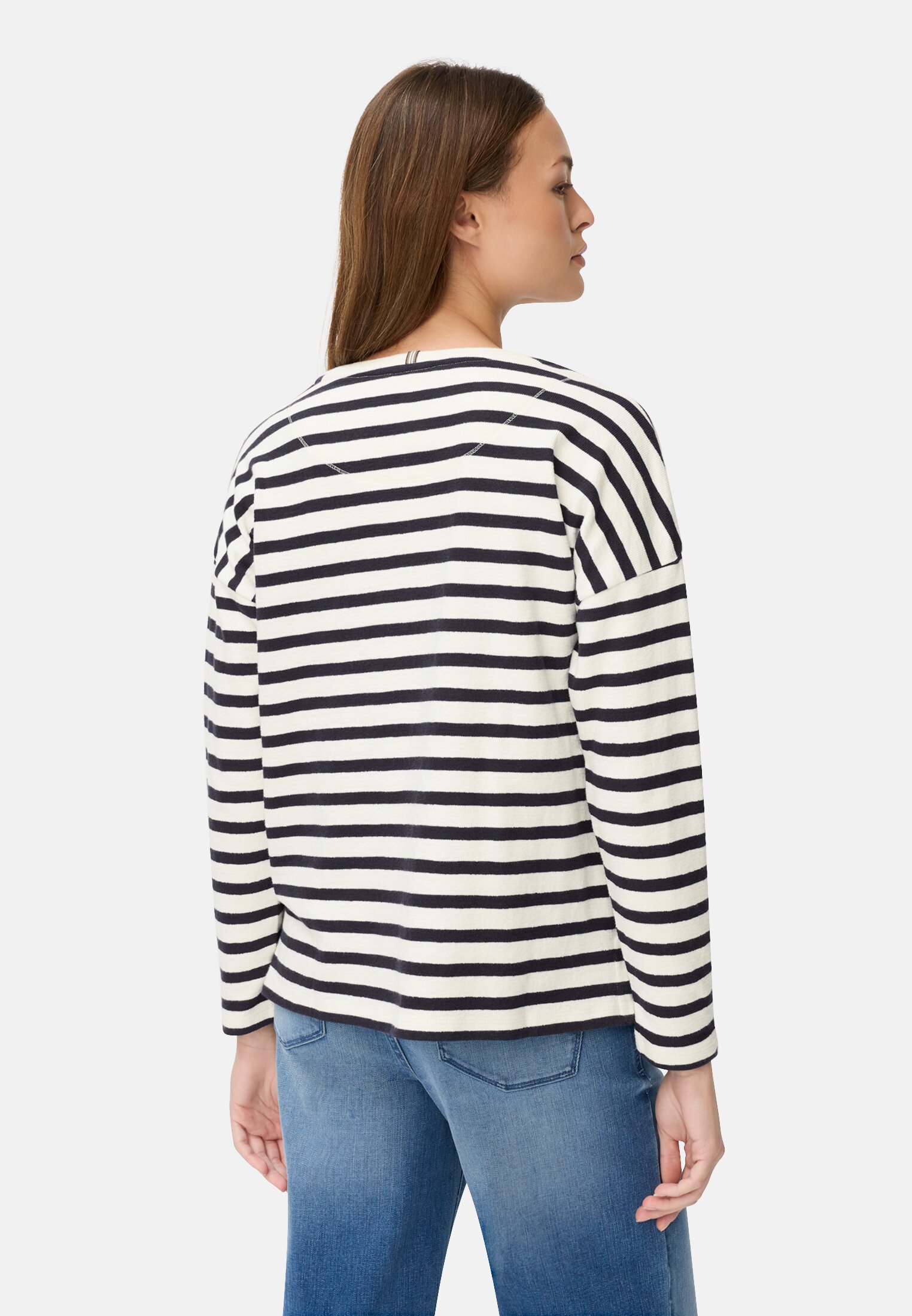 Damen Langarmshirt mit Knopfverschluss Blau gestreift getragen hinten