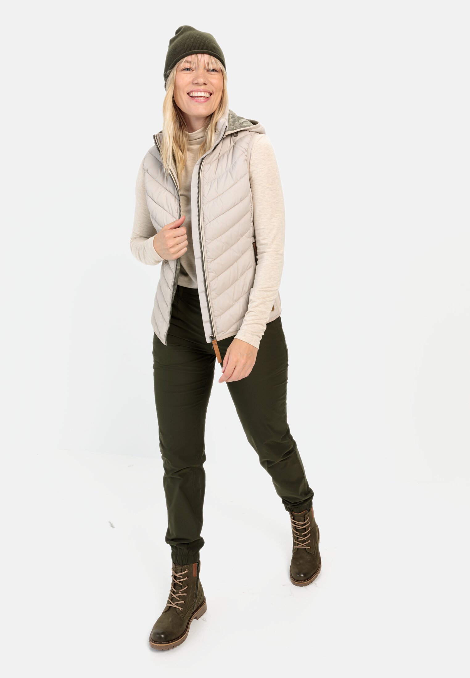 Women Quilted vest made from recycled polyester Beige-Grey worn front full body