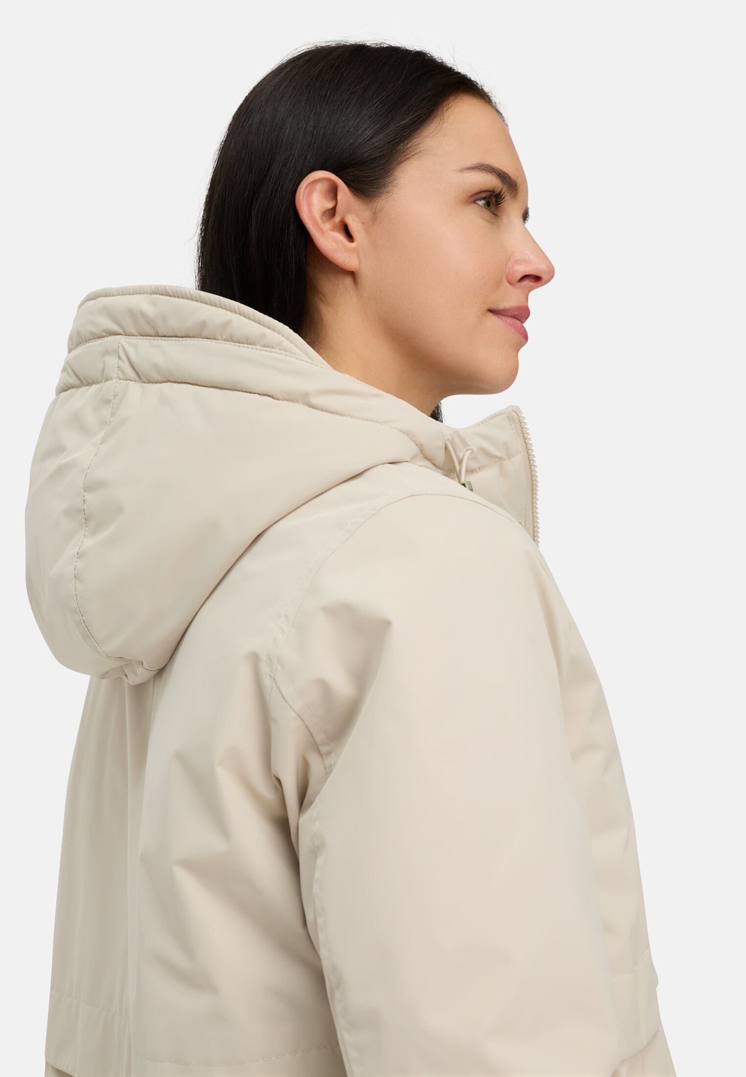 Damen Winterparka mit Kapuze Eiche getragen detailliert nah