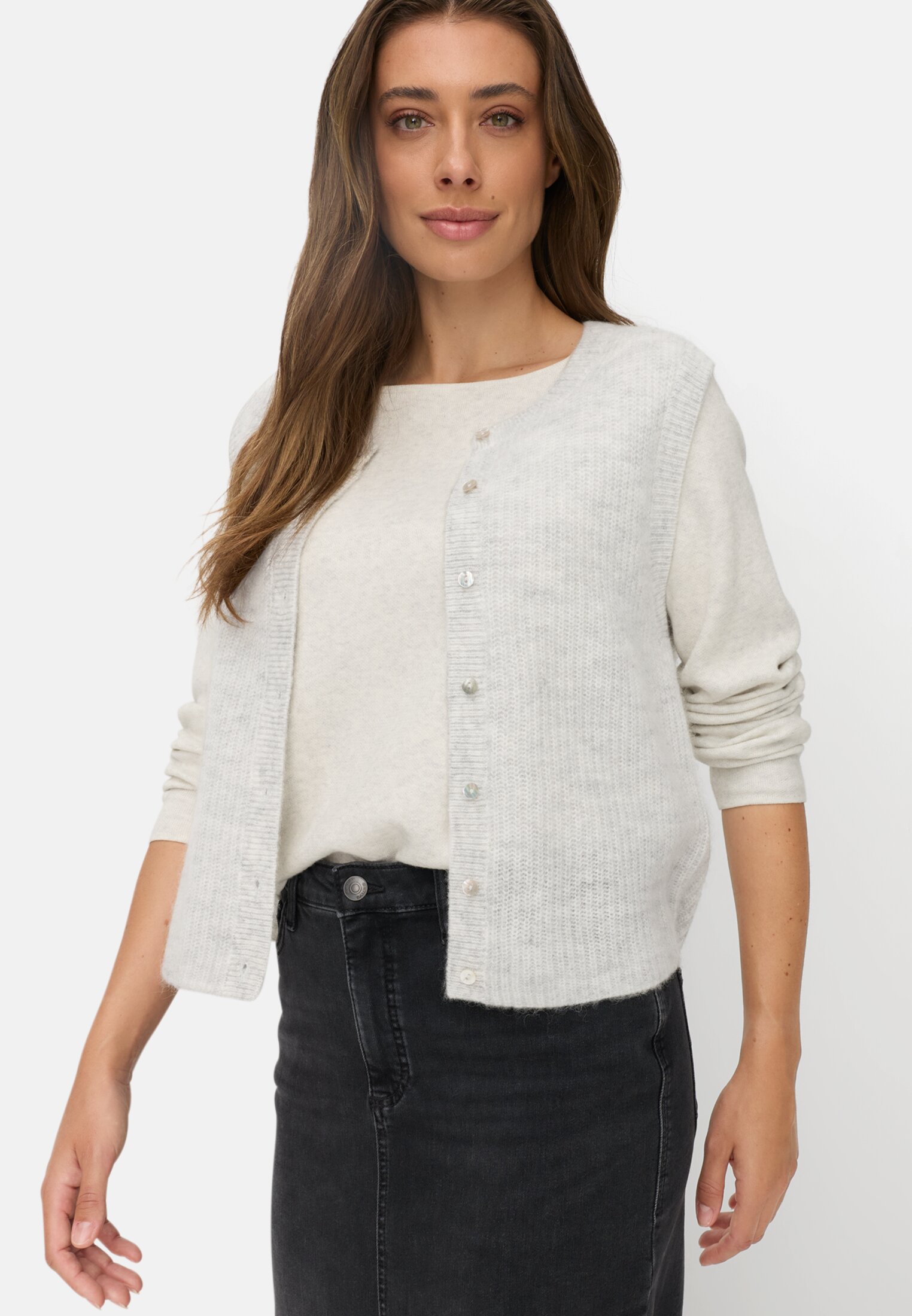 Women Knitted vest with button placket Grey worn emotional