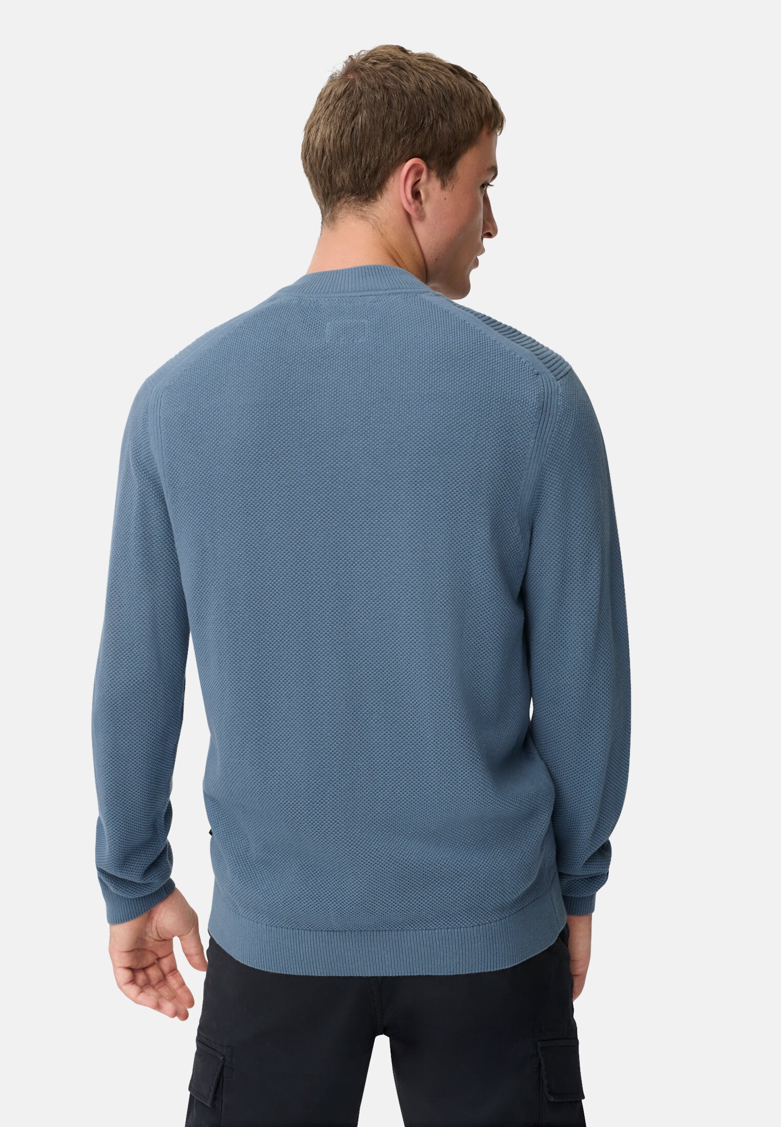 Men Bomber style cardigan Stone blue worn back