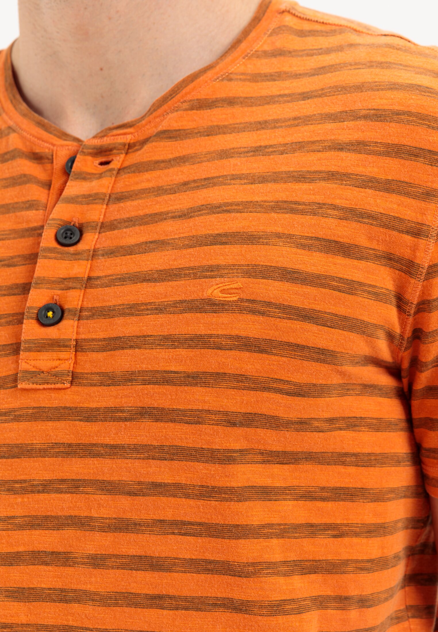 Men Henley shirt with striped pattern Orange worn detail close