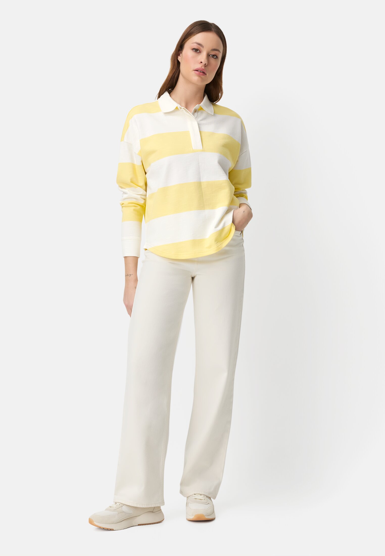 Women Sweatshirt with button placket Lemon yellow worn front full body