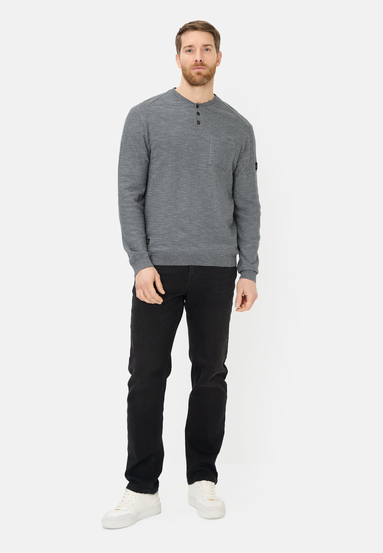 Men Pullover with Henley collar Storm Blue worn front full body