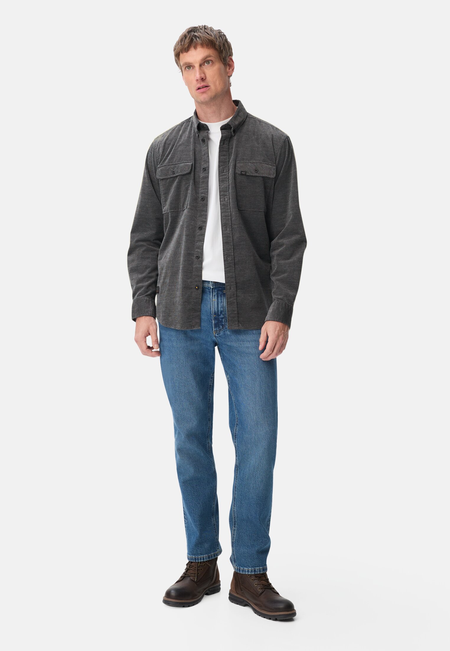 Men Corduroy shirt with 2-way stretch Black worn front full body