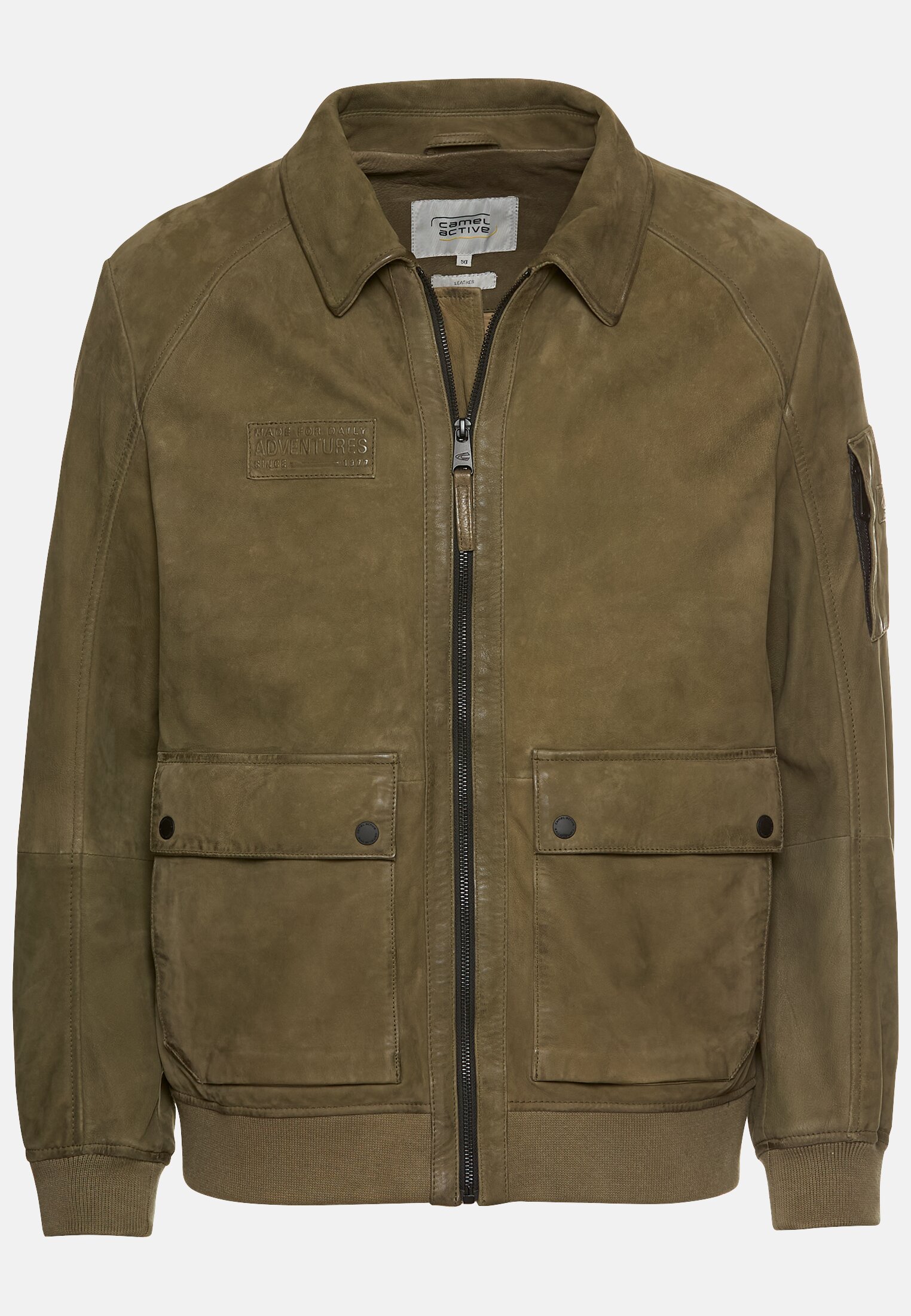 Men Leather blouson with shirt collar Dark Green frontal front