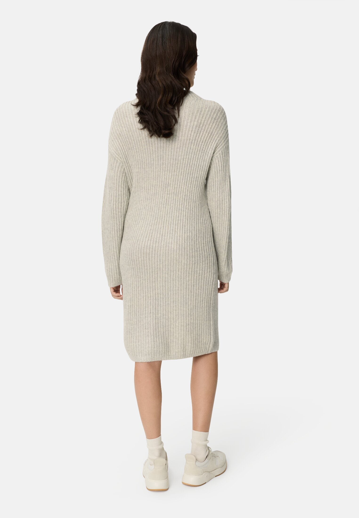 Women Knitted dress with a round neckline Light gray worn back
