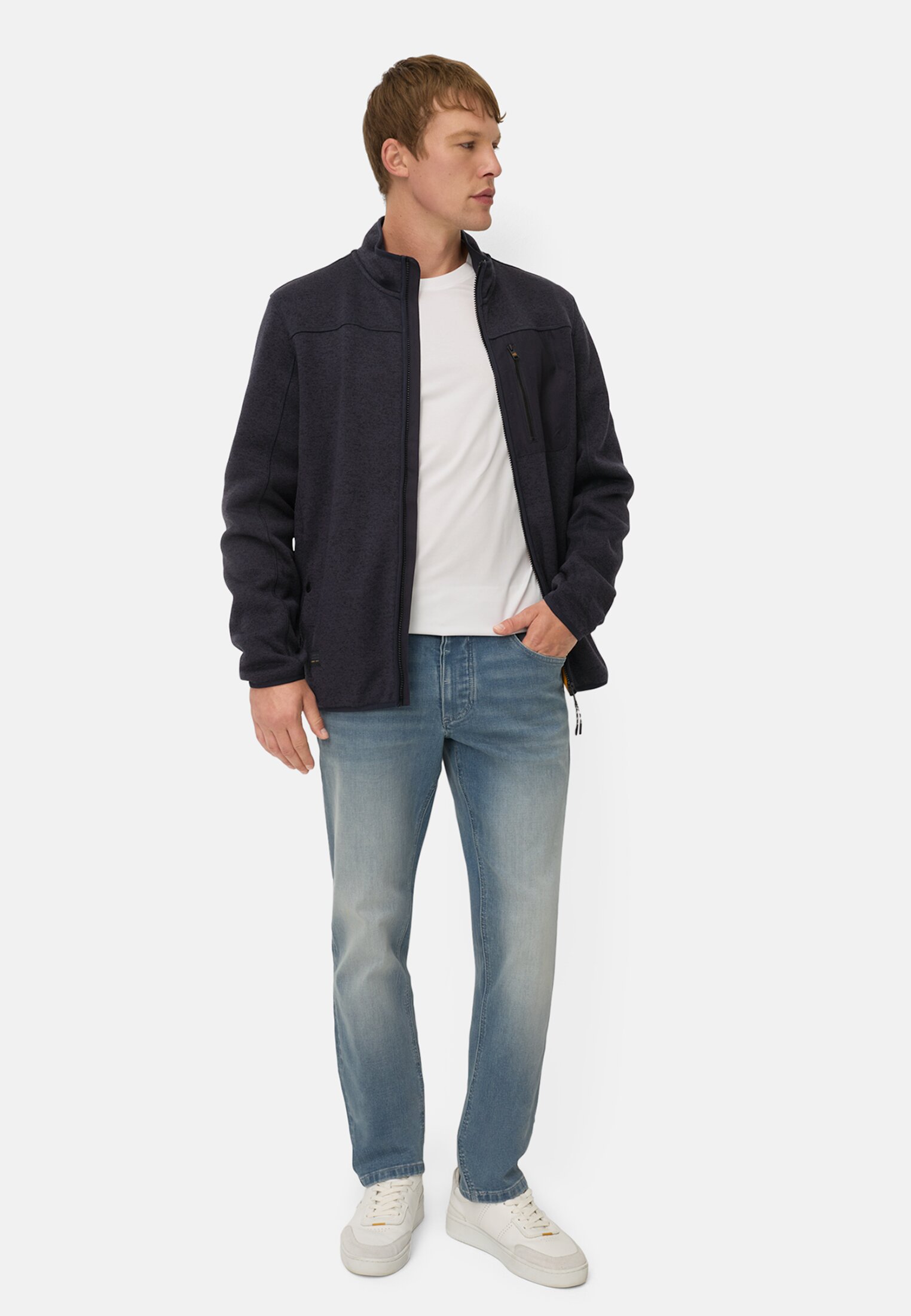Men Fleece jacket with high collar Navy blue worn front full body