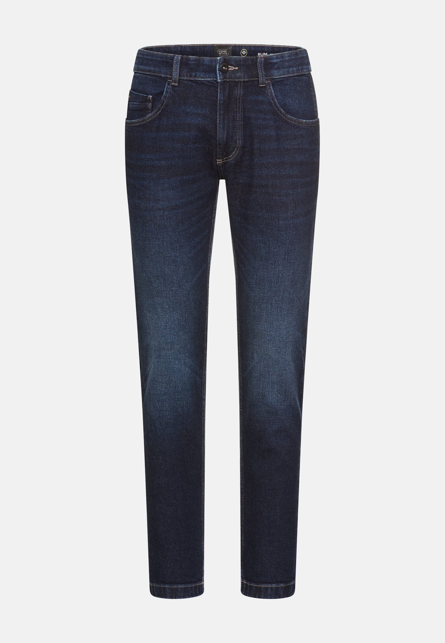 Heren 5-punts slim fit broek van katoenmix Indigo blauw frontaal voor