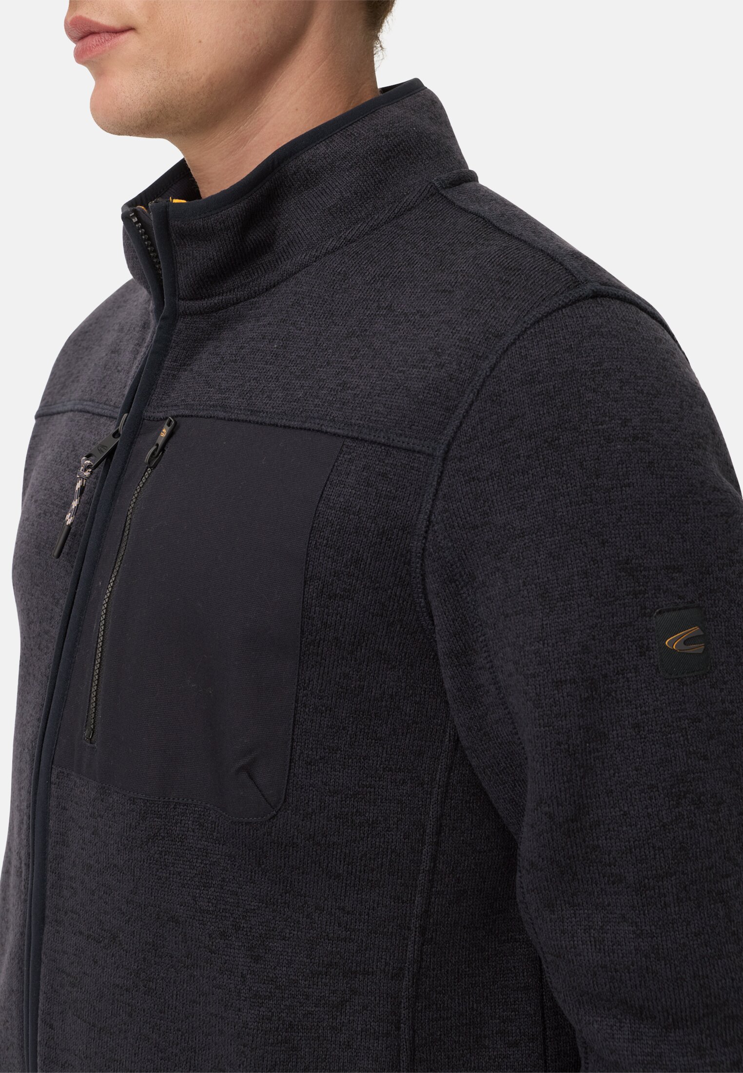 Men Fleece jacket with high collar Navy blue worn detail close