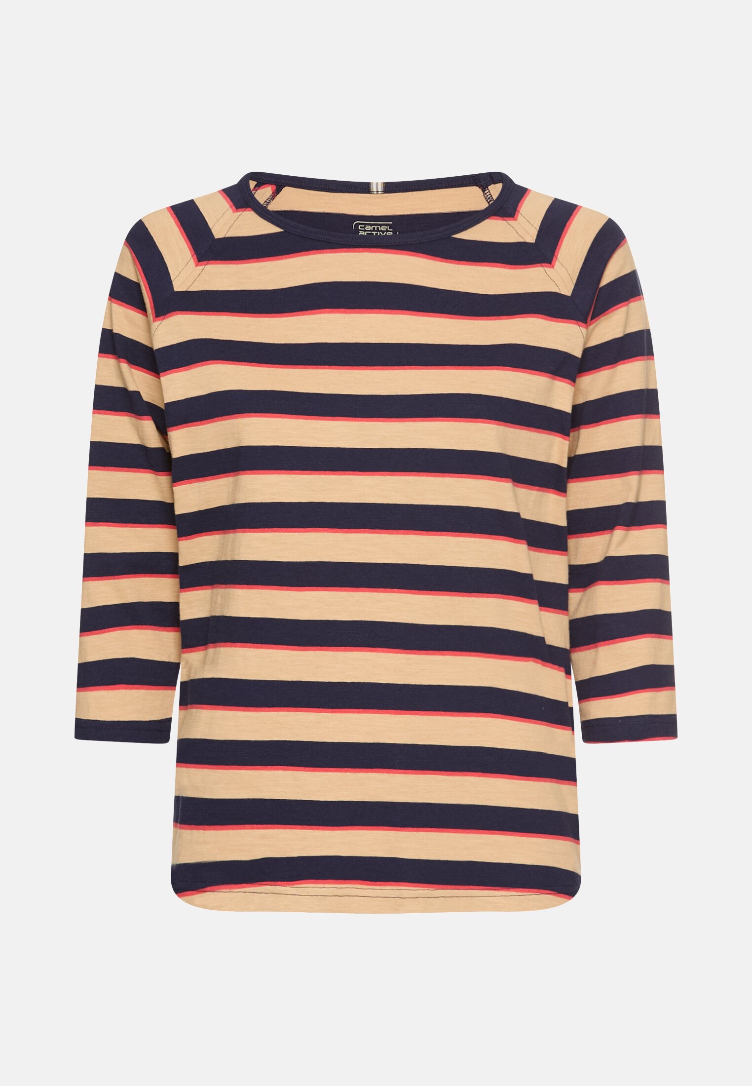 Women 3/4-sleeve T-shirt with striped pattern Caramel frontal front