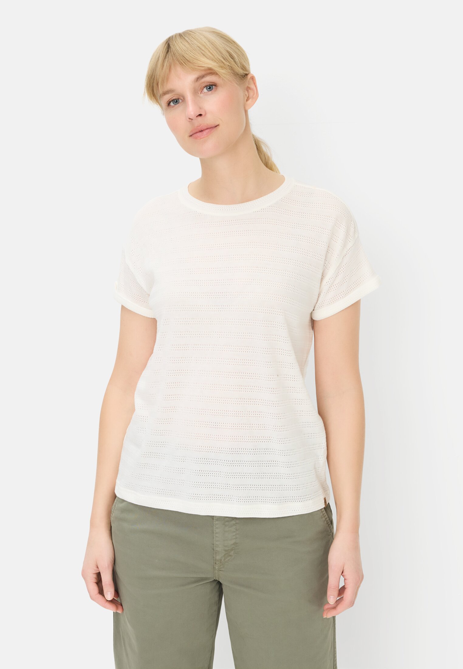 Women T-shirt with crew neck made from pure cotton Milk White worn front