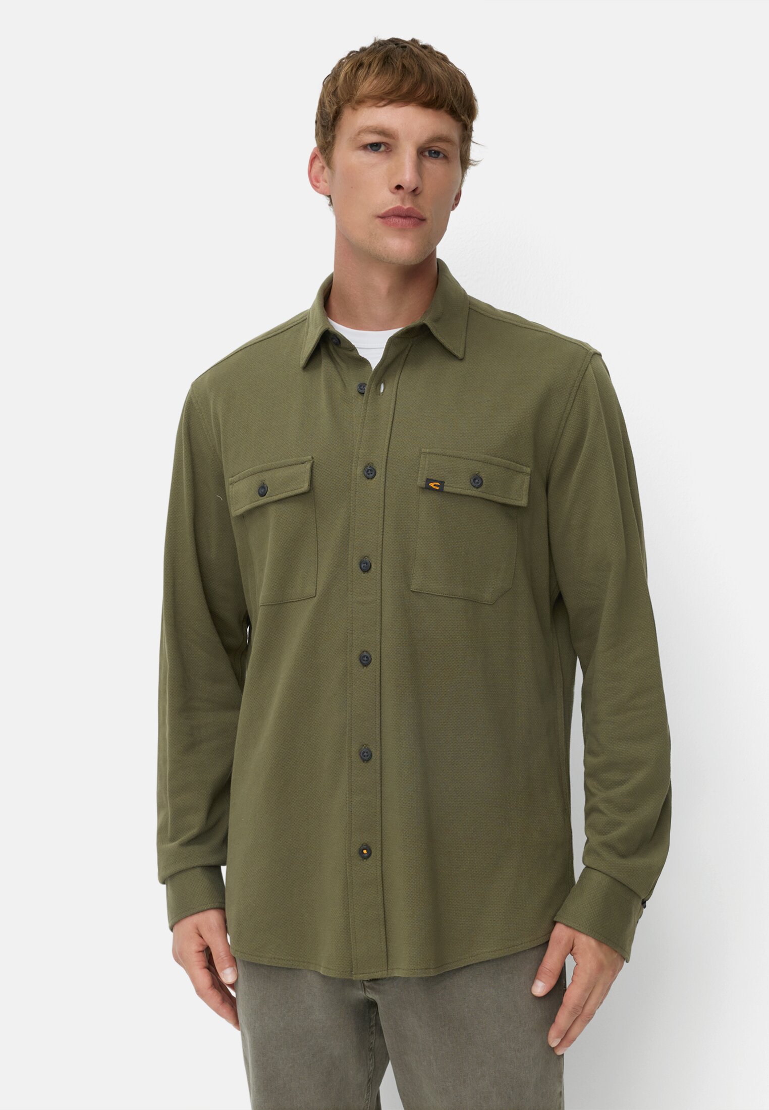 Men Long sleeve shirt made of pure cotton Khaki worn front
