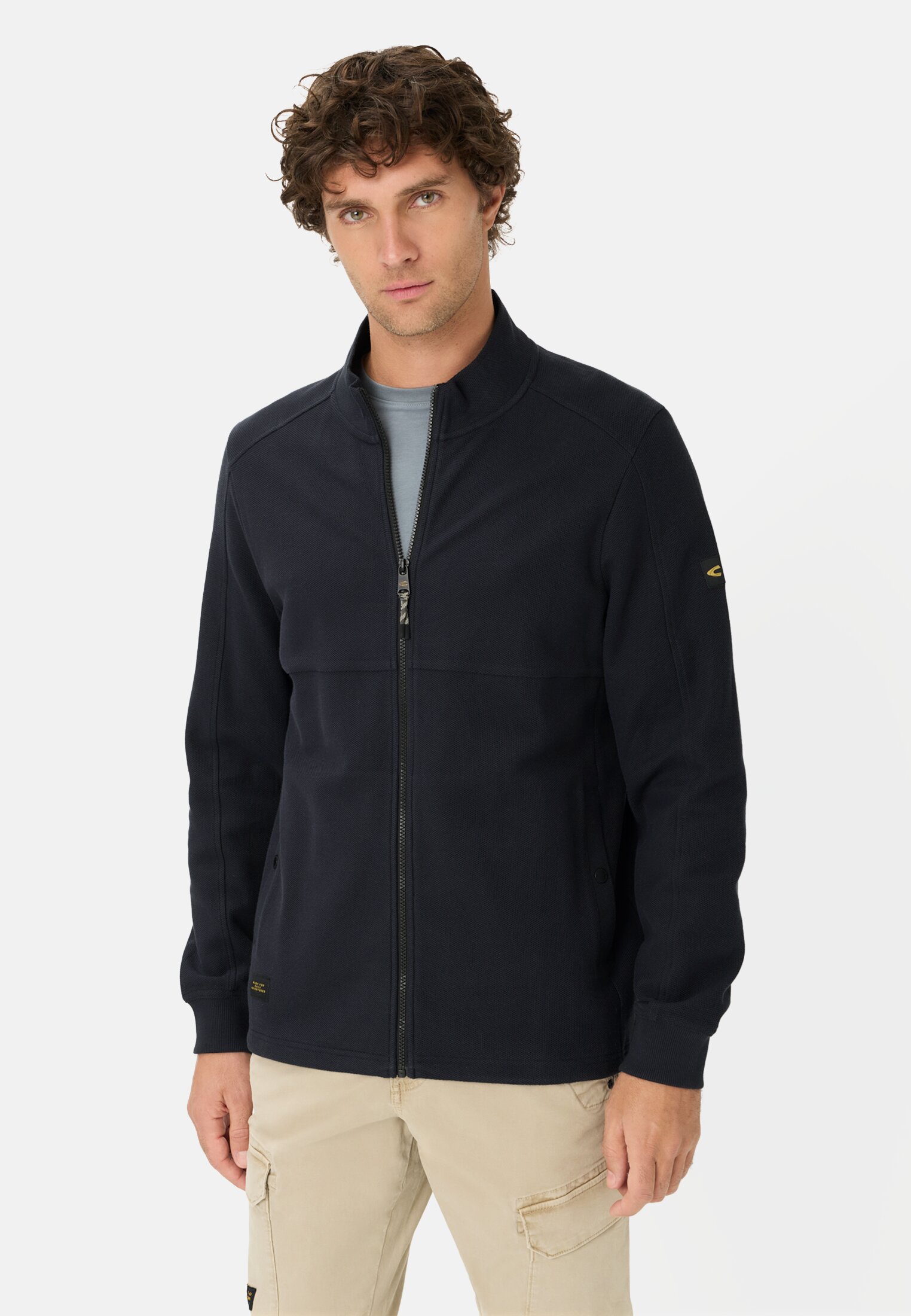 Men Sweat jacket with adjustable drawstring Dark Blue worn front