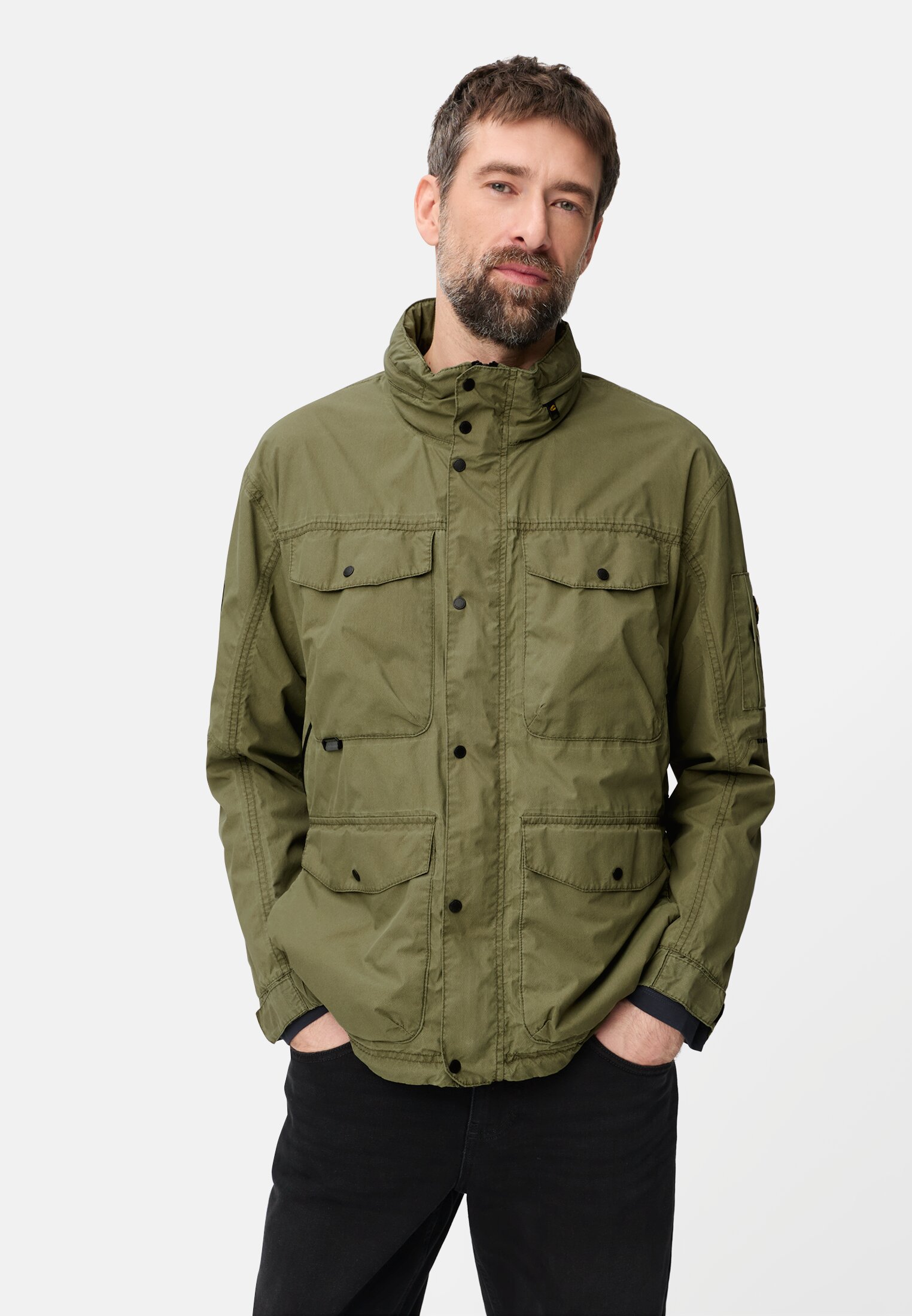 Men teXXXactive® jacket with roll-up hood Olive Green worn front