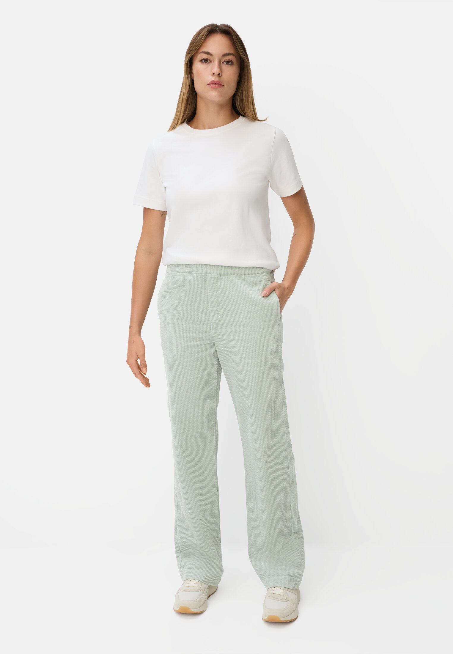 Women Cord pants with elastic waistband mint worn front full body