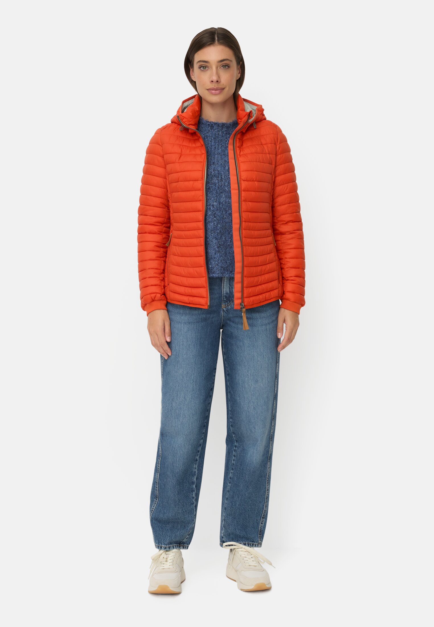 Women Windproof jacket with side knit insert Orange worn front full body