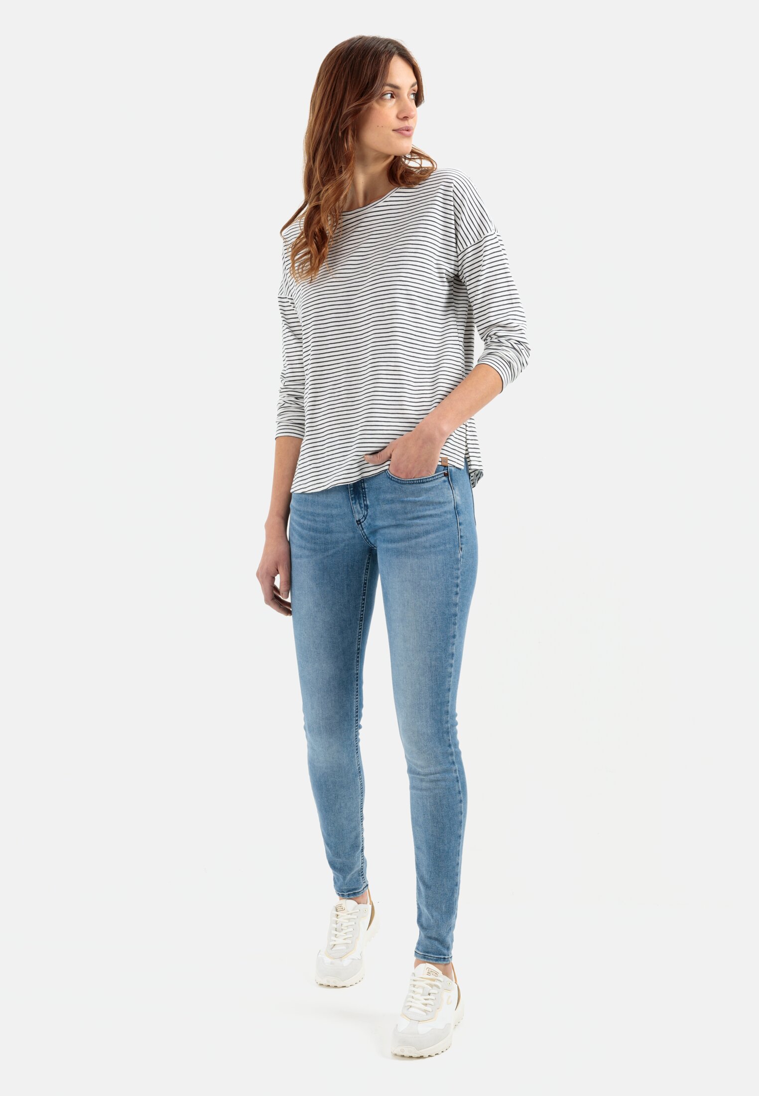 Women Organic cotton long sleeve shirt Dark Blue worn front full body