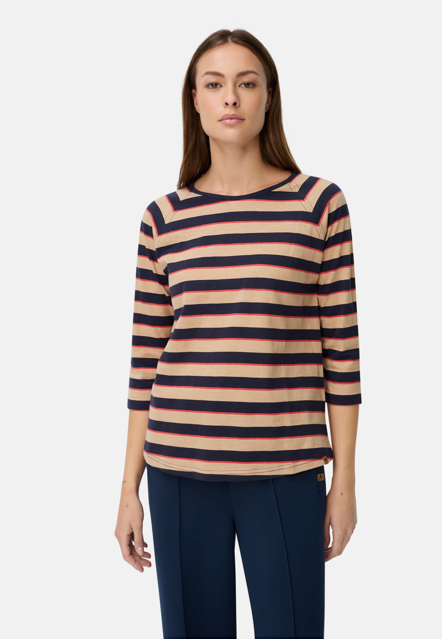 Women 3/4-sleeve T-shirt with striped pattern Caramel worn front