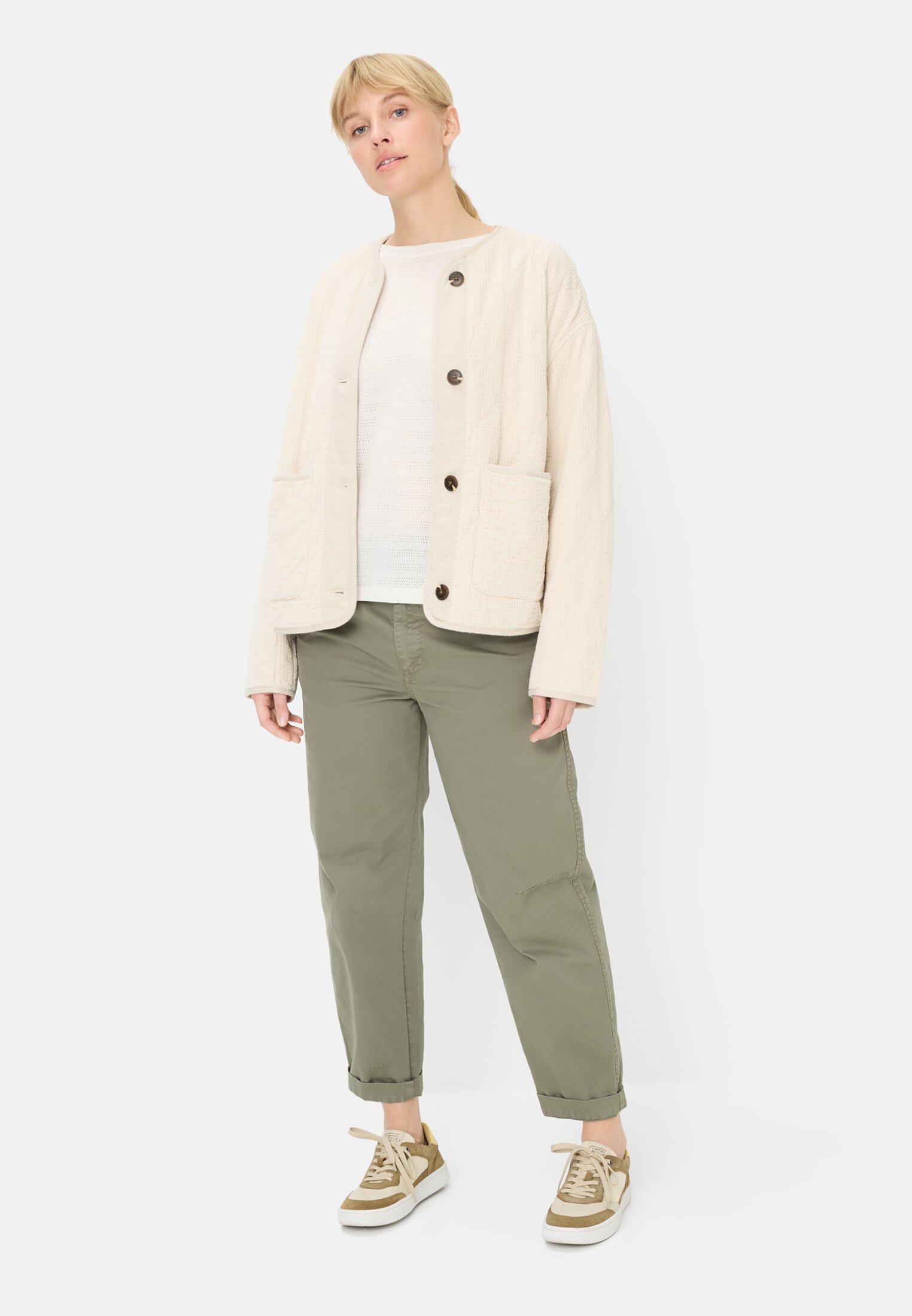 Women T-shirt with crew neck made from pure cotton Milk White worn front full body