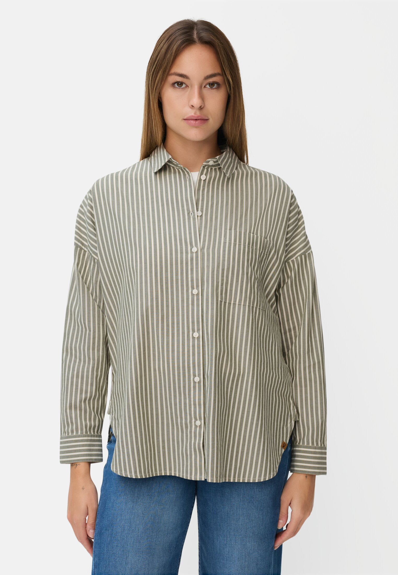Women Cotton blouse with button placket Dark green worn front