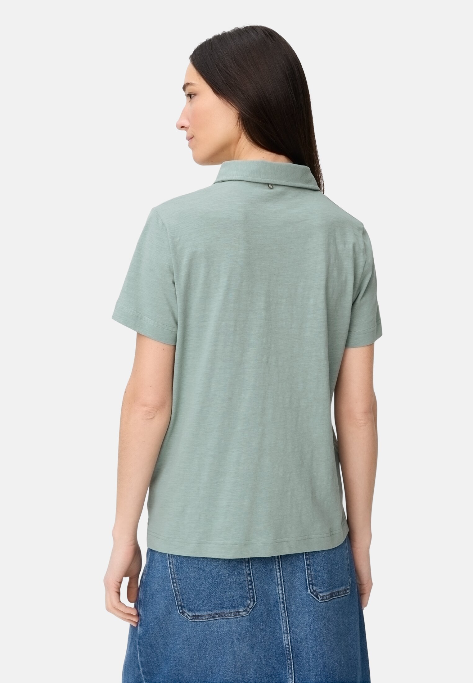 Women Polo shirt with button placket Jade Blue worn back