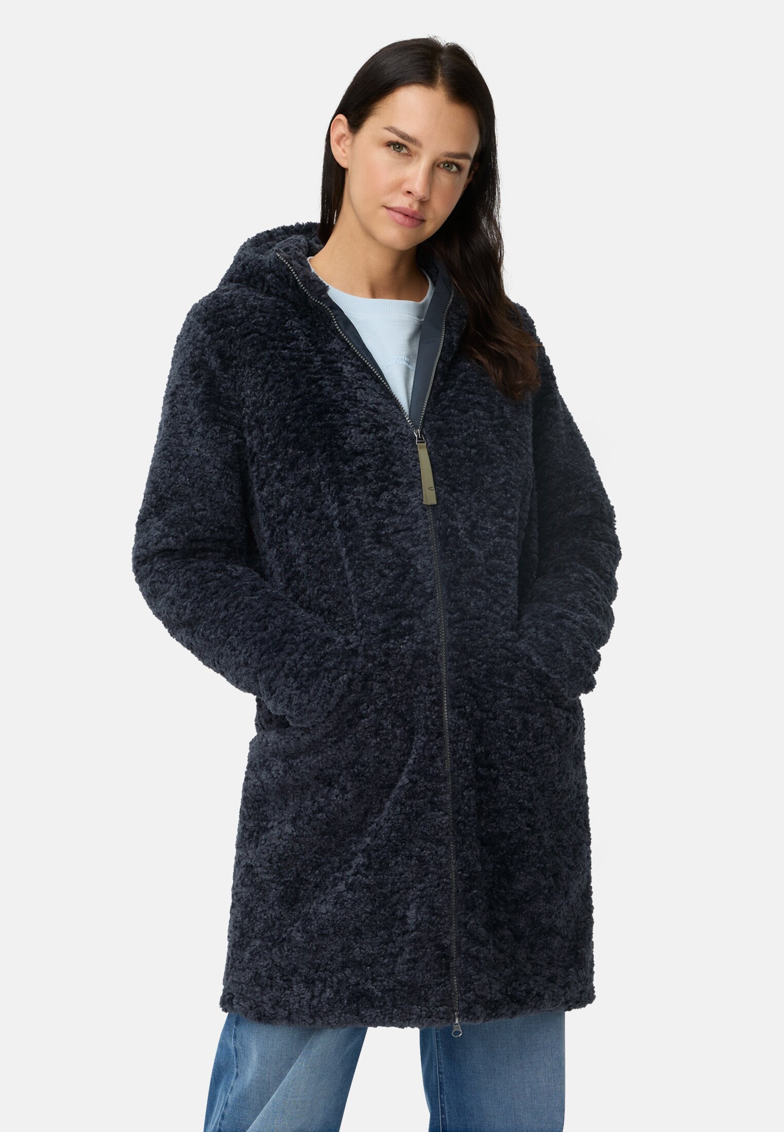 Damen Teddy Mantel mit Kapuze Navy getragen vorn