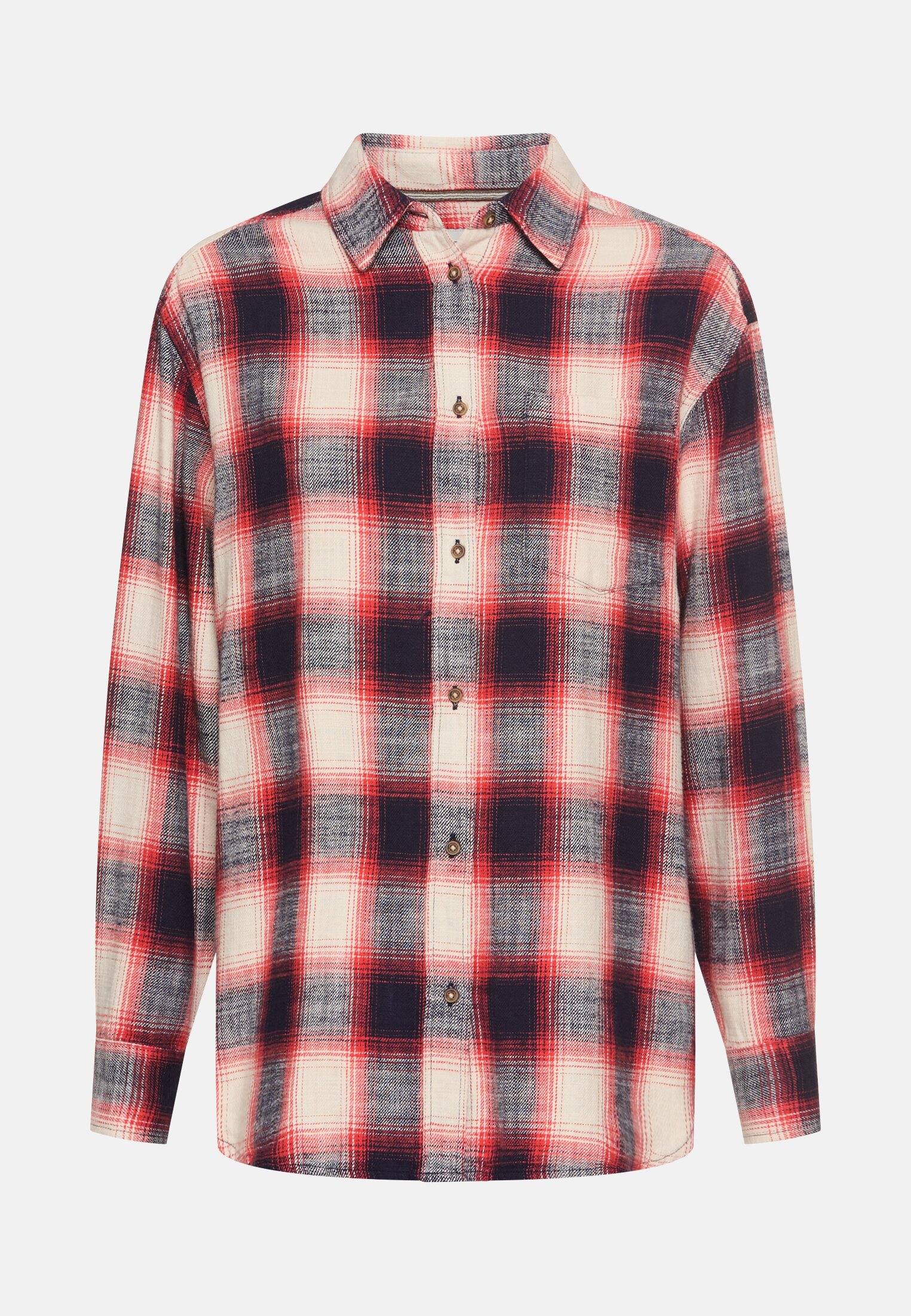 Vrouwen Katoenen blouse met borstzak. Rood geblokt frontaal voor