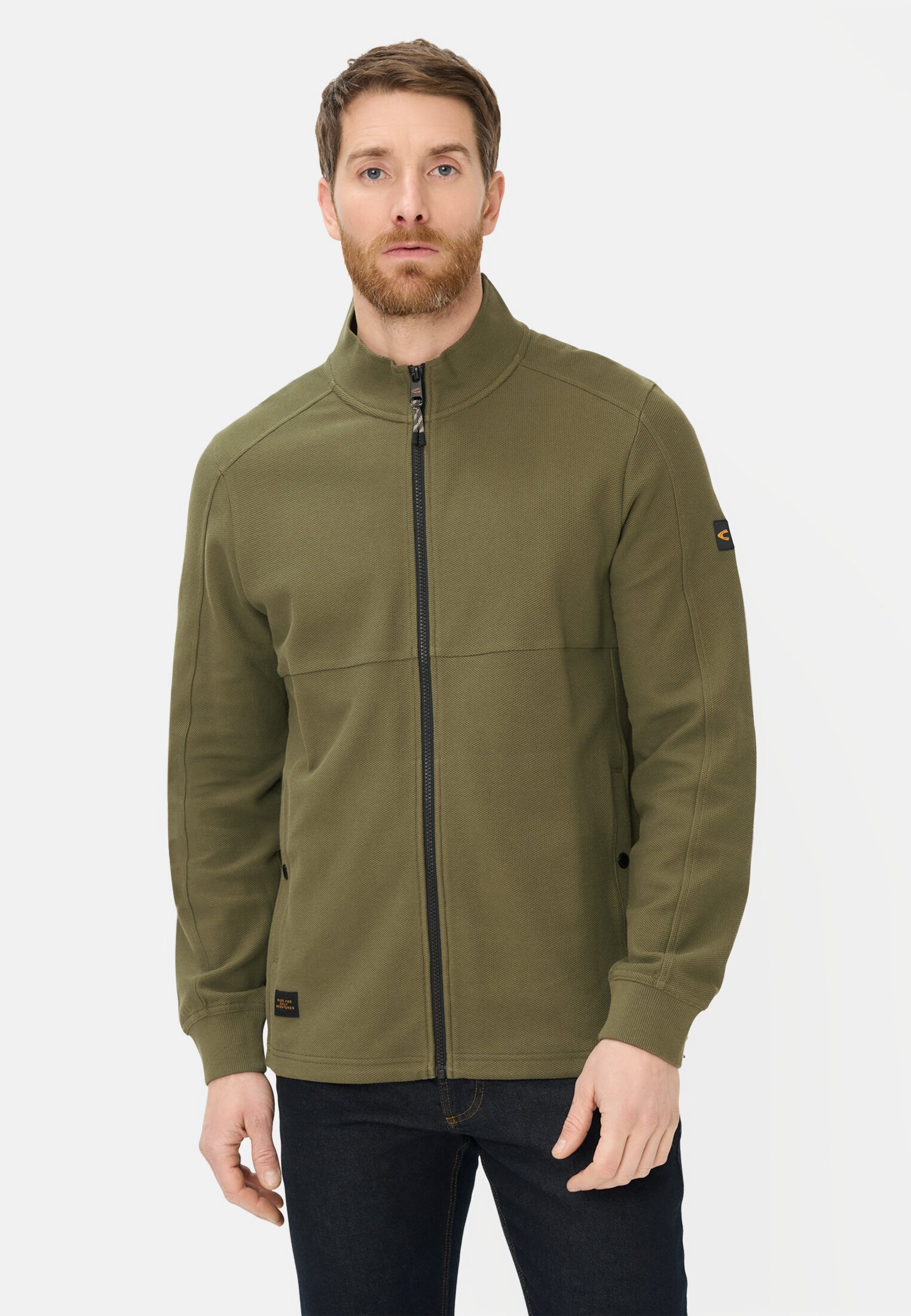 Men Sweat jacket with adjustable drawstring Olive Green worn front