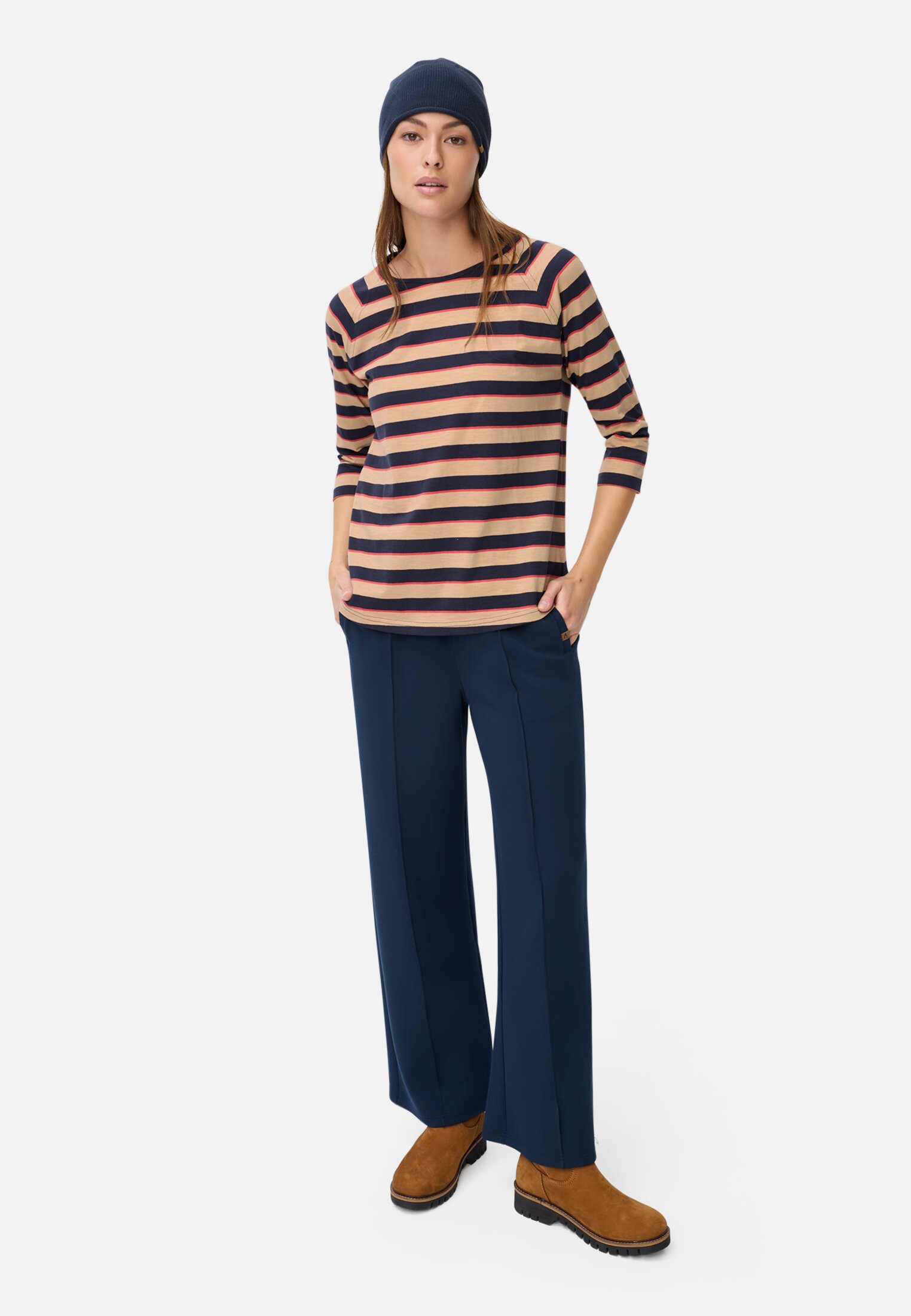 Women 3/4-sleeve T-shirt with striped pattern Caramel worn front full body