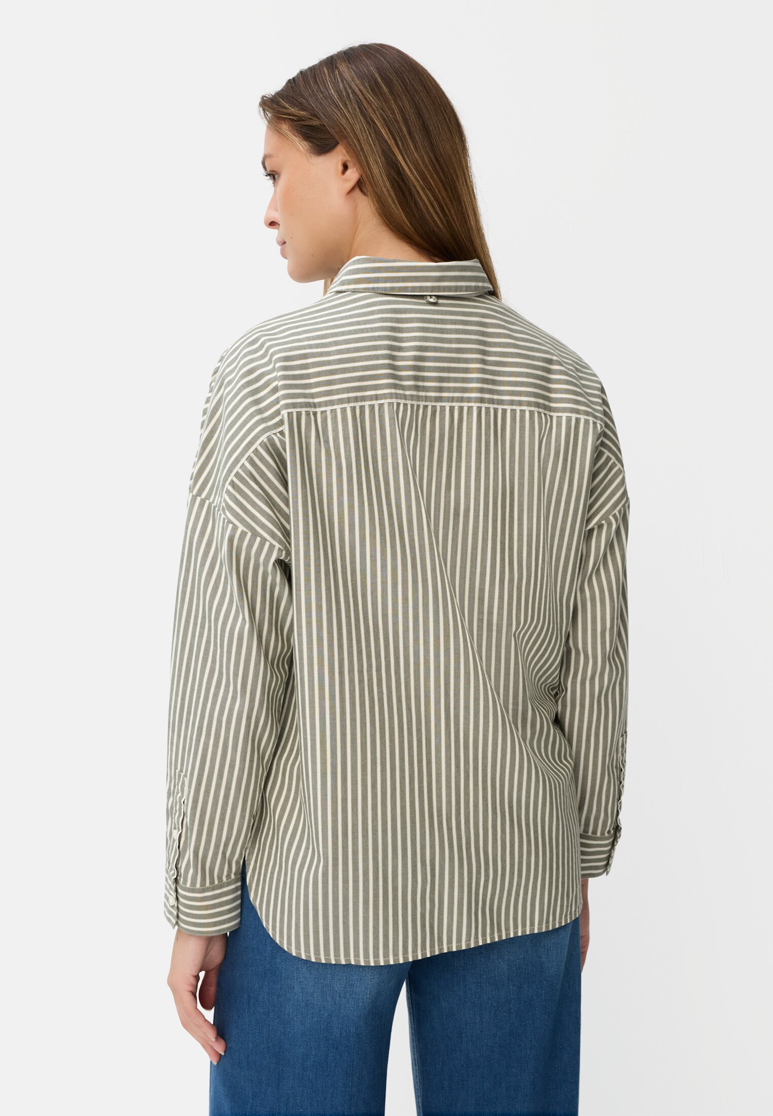 Women Cotton blouse with button placket Dark green worn back