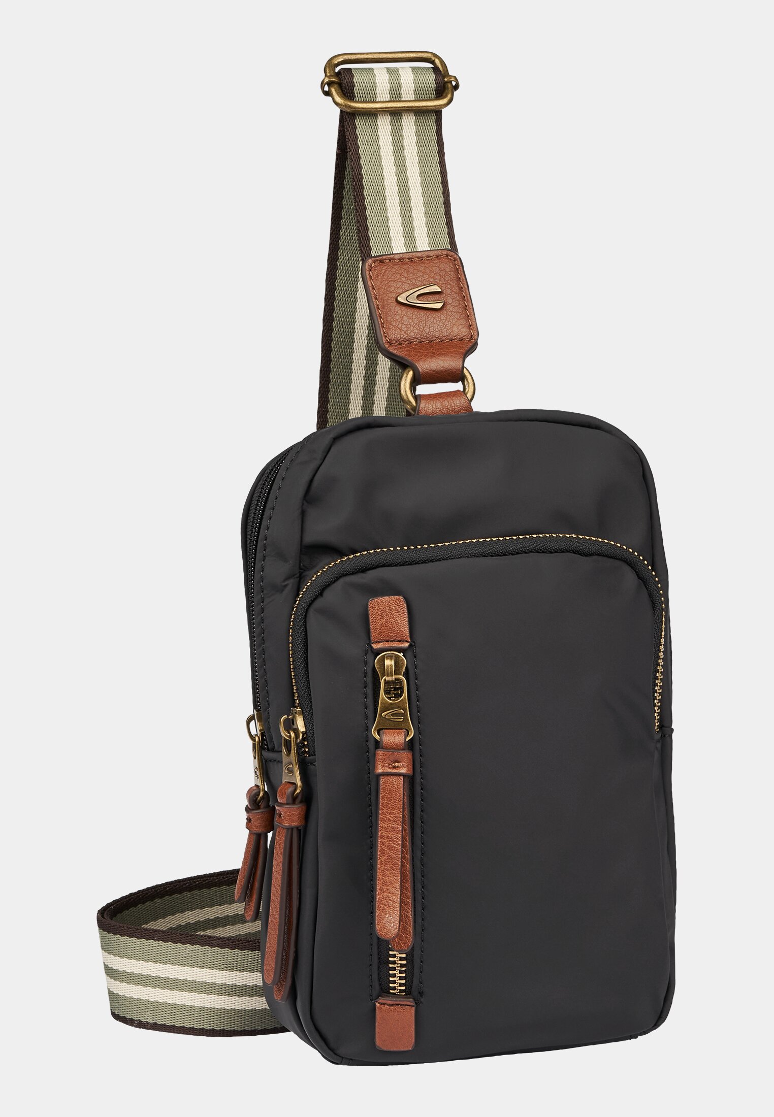 Women Shoulder bag with striped webbing strap Black frontal front
