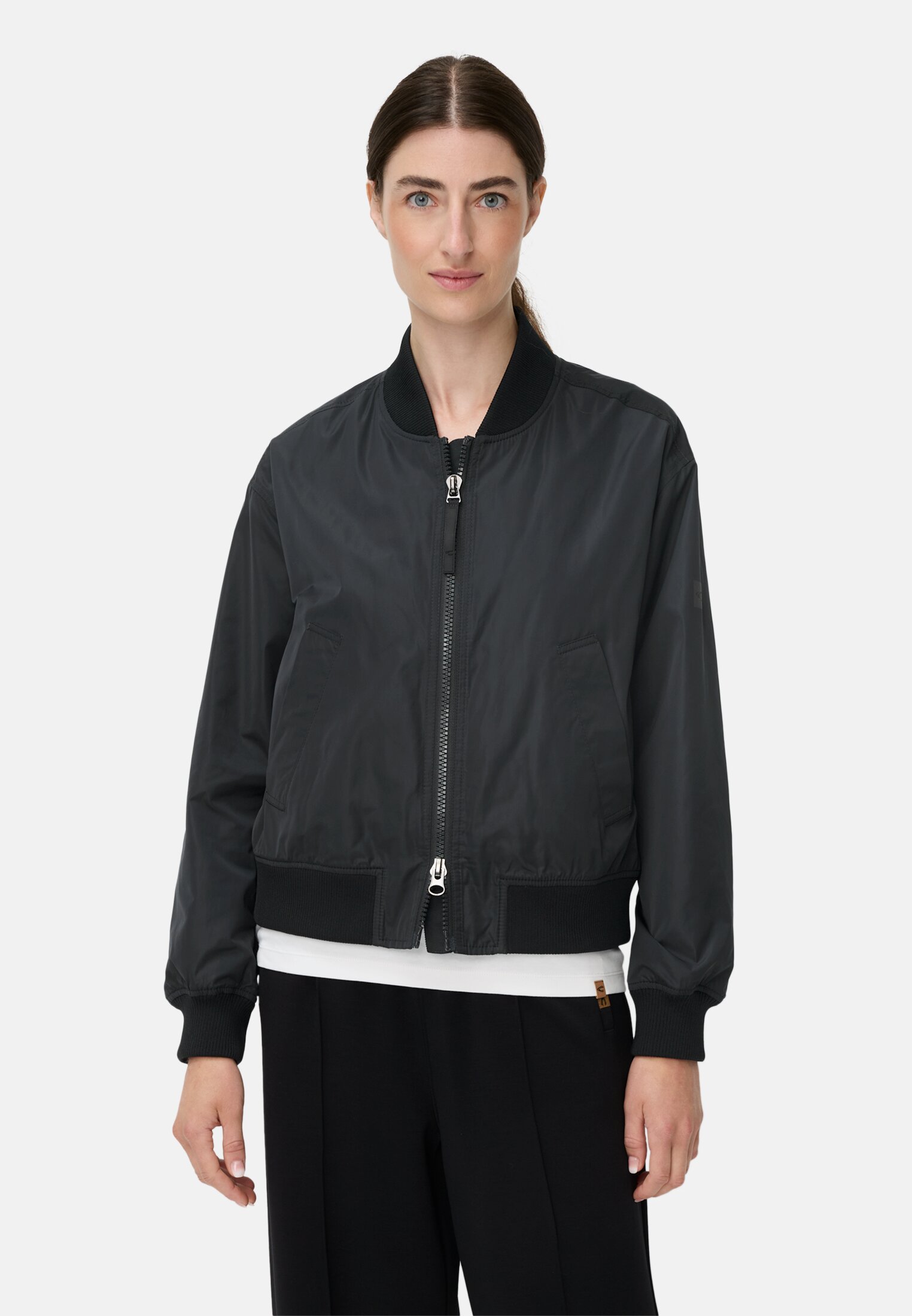 Women Bomber jacket with 2-way zipper Black worn front