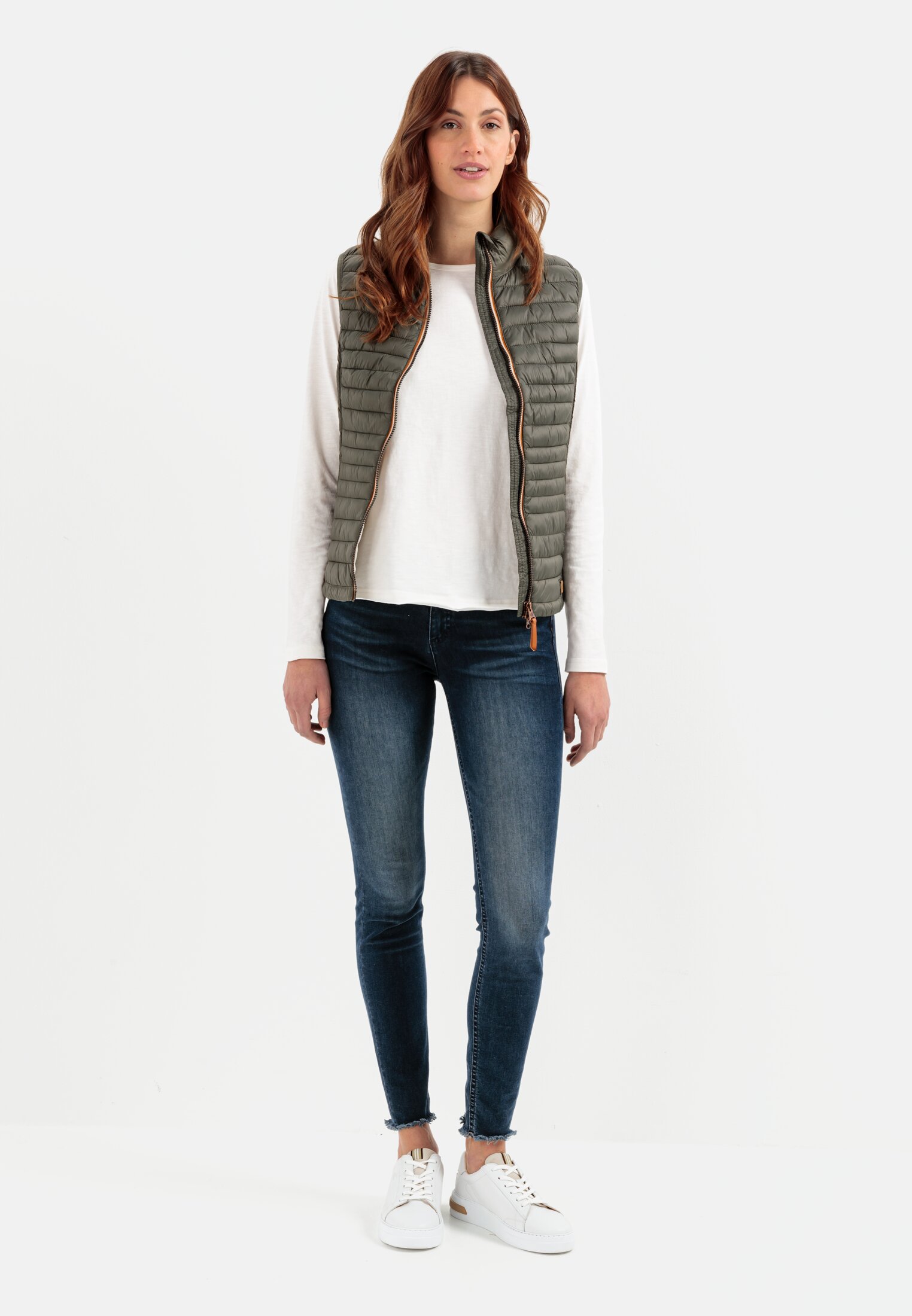 Women Quilted vest made from 100% recycled material Khaki worn front full body