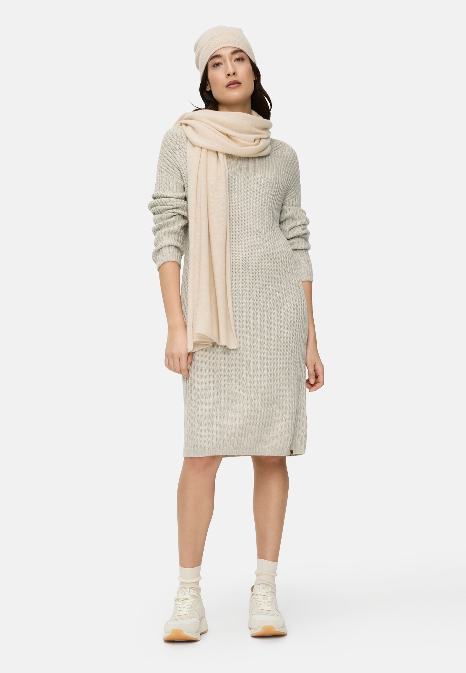 Women Knitted dress with a round neckline Light gray worn front full body