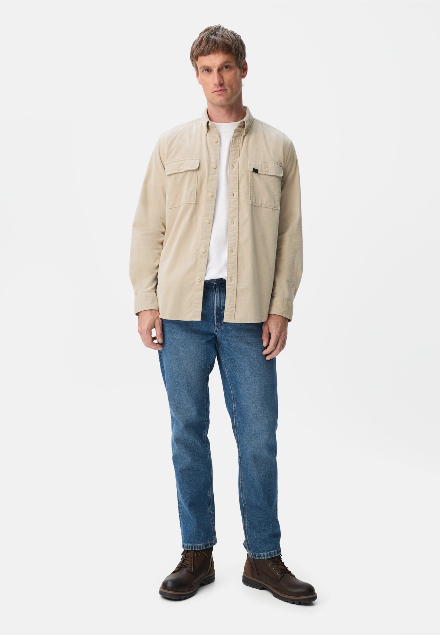 Men Corduroy shirt with 2-way stretch Beige worn front full body