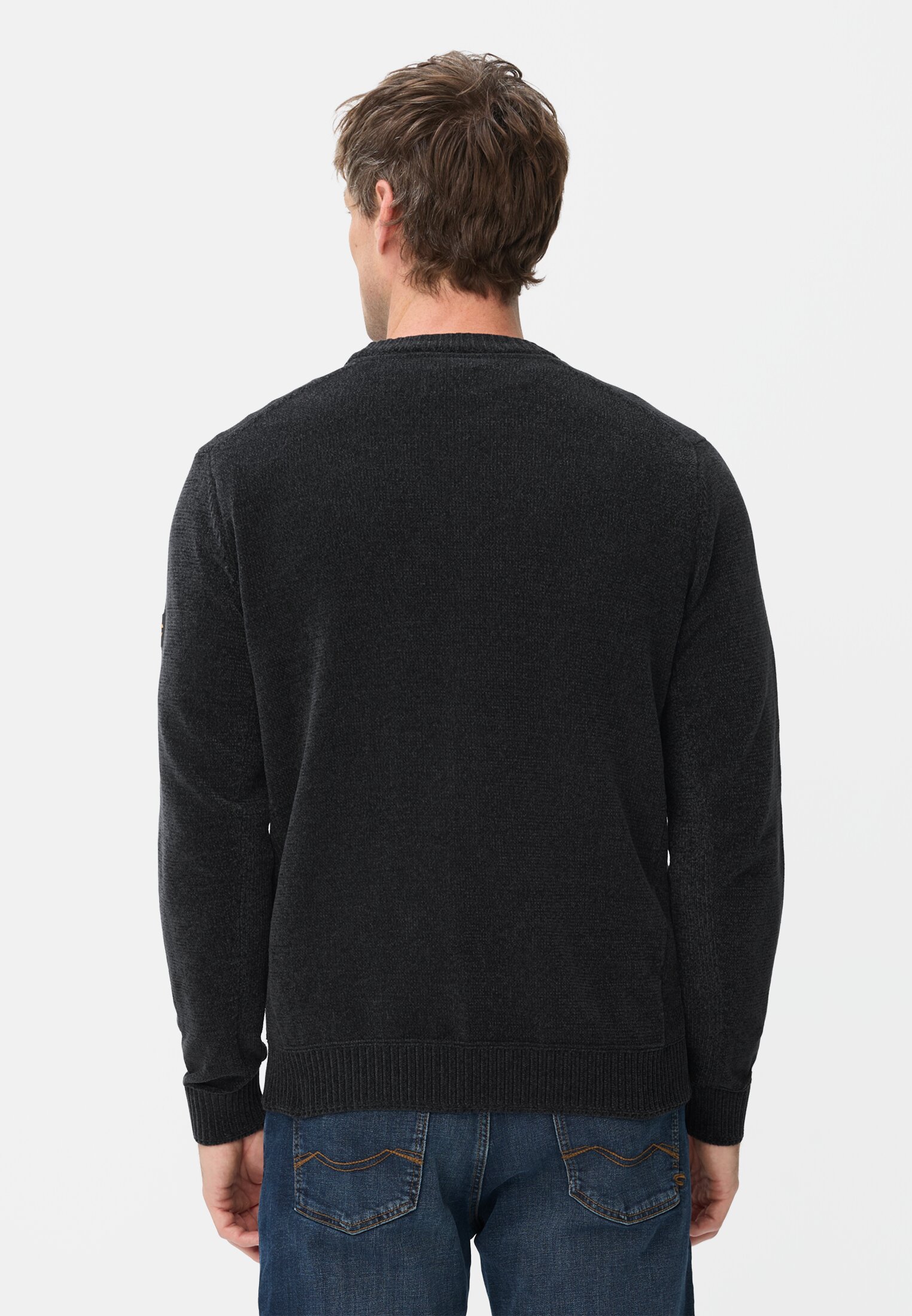 Herren Pullover mit seitlichem Strick-Einsatz Navyblau getragen hinten