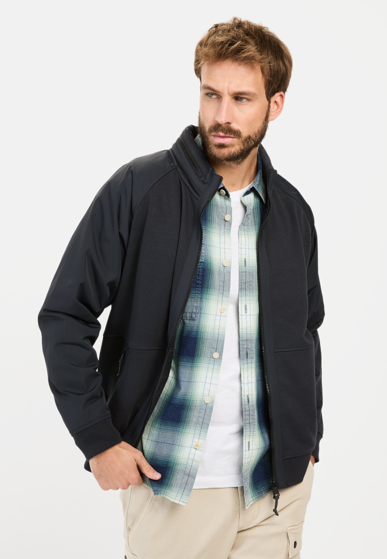 Men Sweat jacket with rollable hood Dark Blue worn front