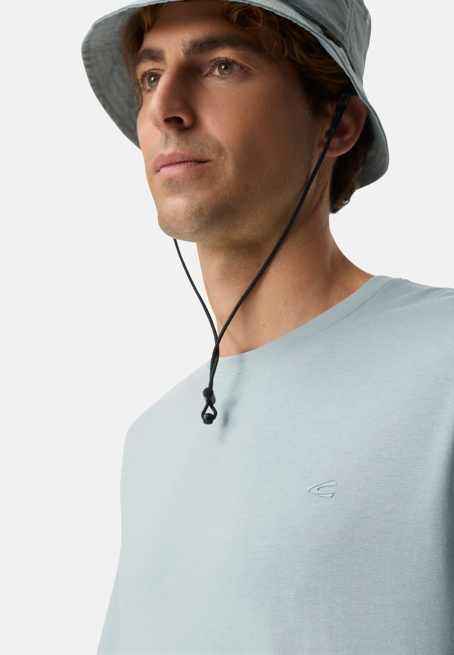 Men fleXXXactive® T-shirt with crew neck Water Blue worn detail close