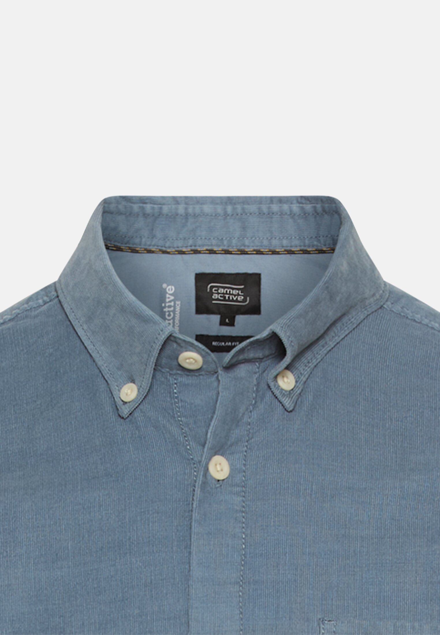 Herren Langarm Shirt mit Button-Down-Kragen und Brusttasche Steinblau vorne nah