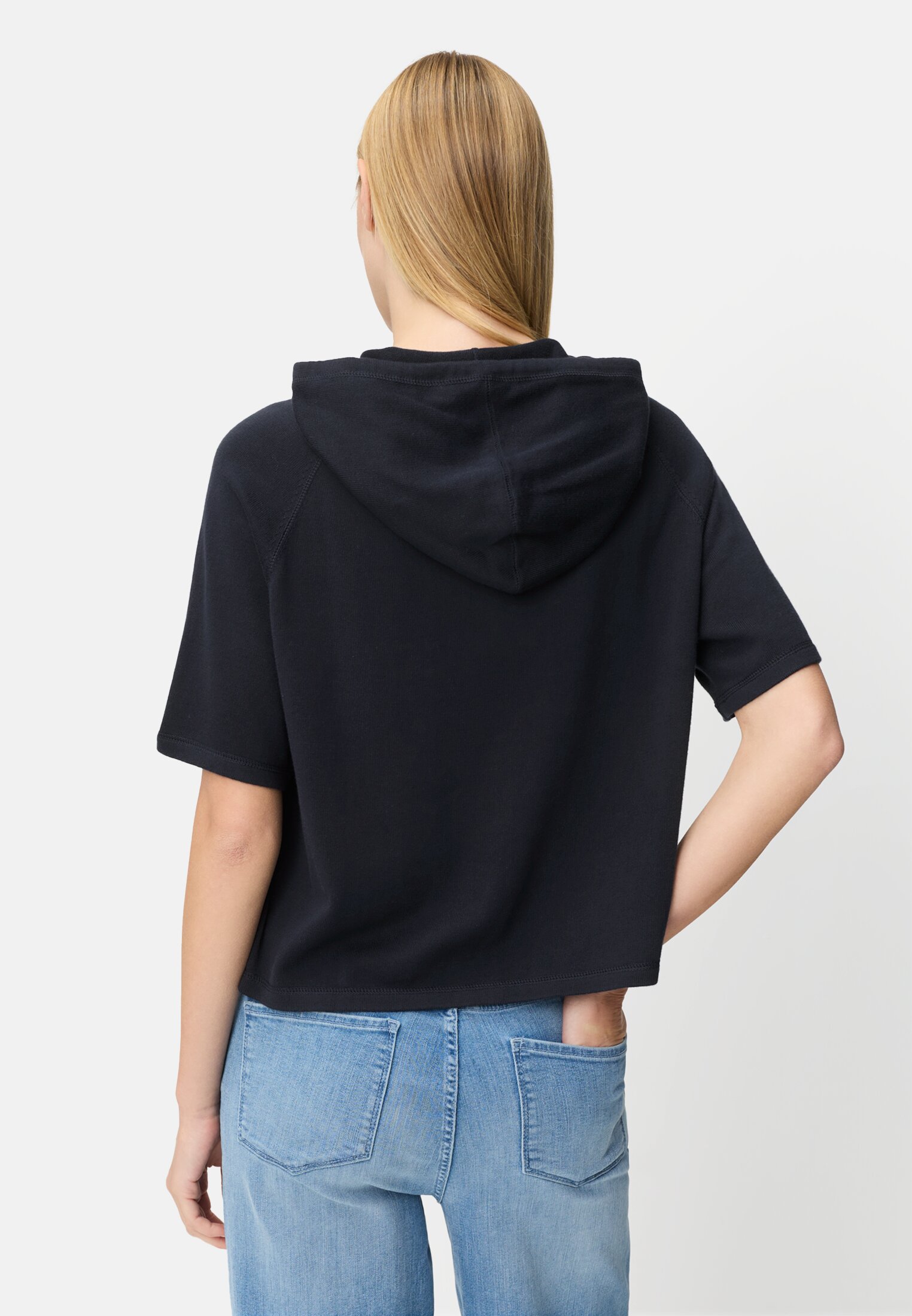 Damen Kurzarm Strickpullover mit Kapuze Dunkelblau getragen hinten