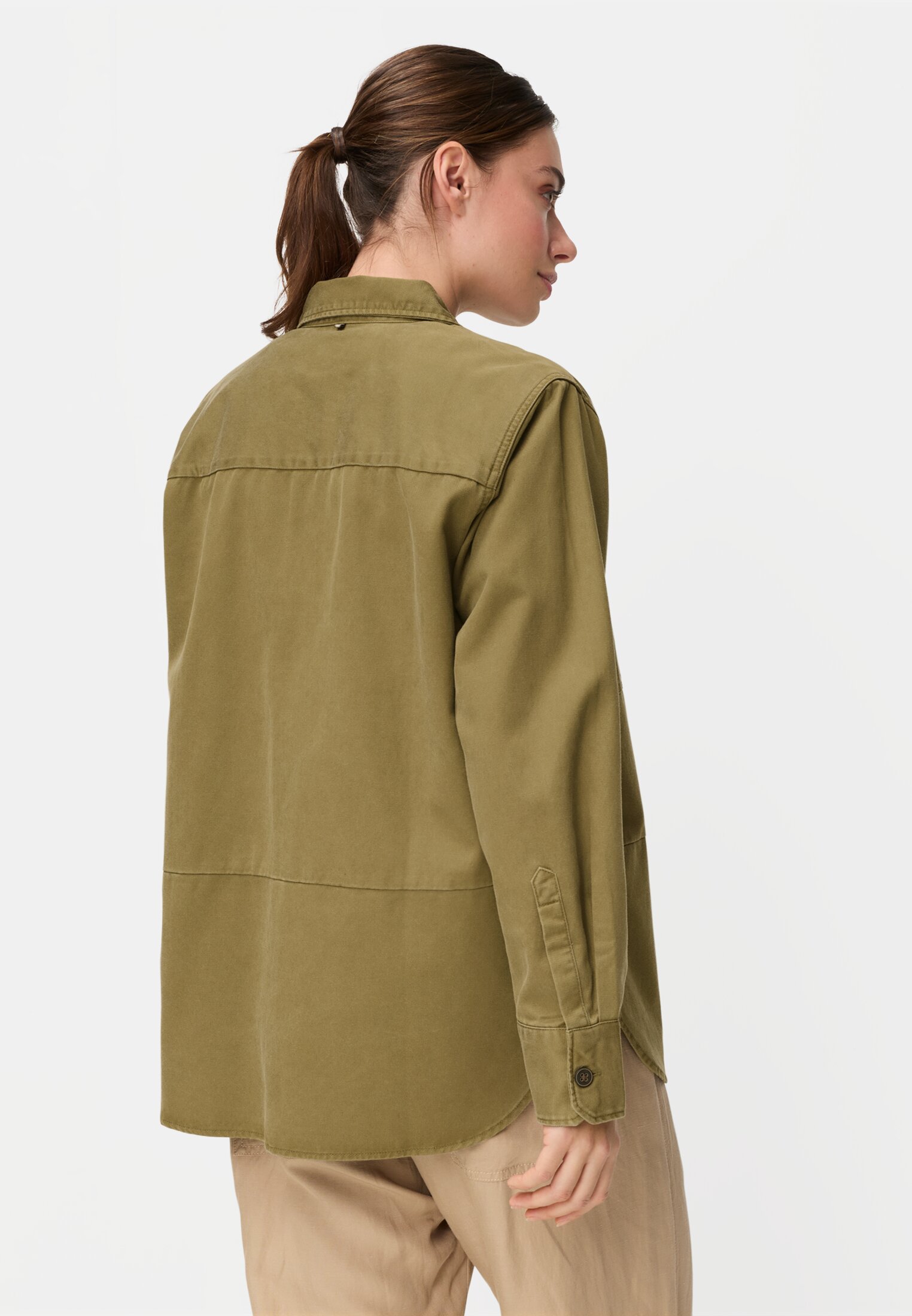 Women Blouse with button placket Olive worn back