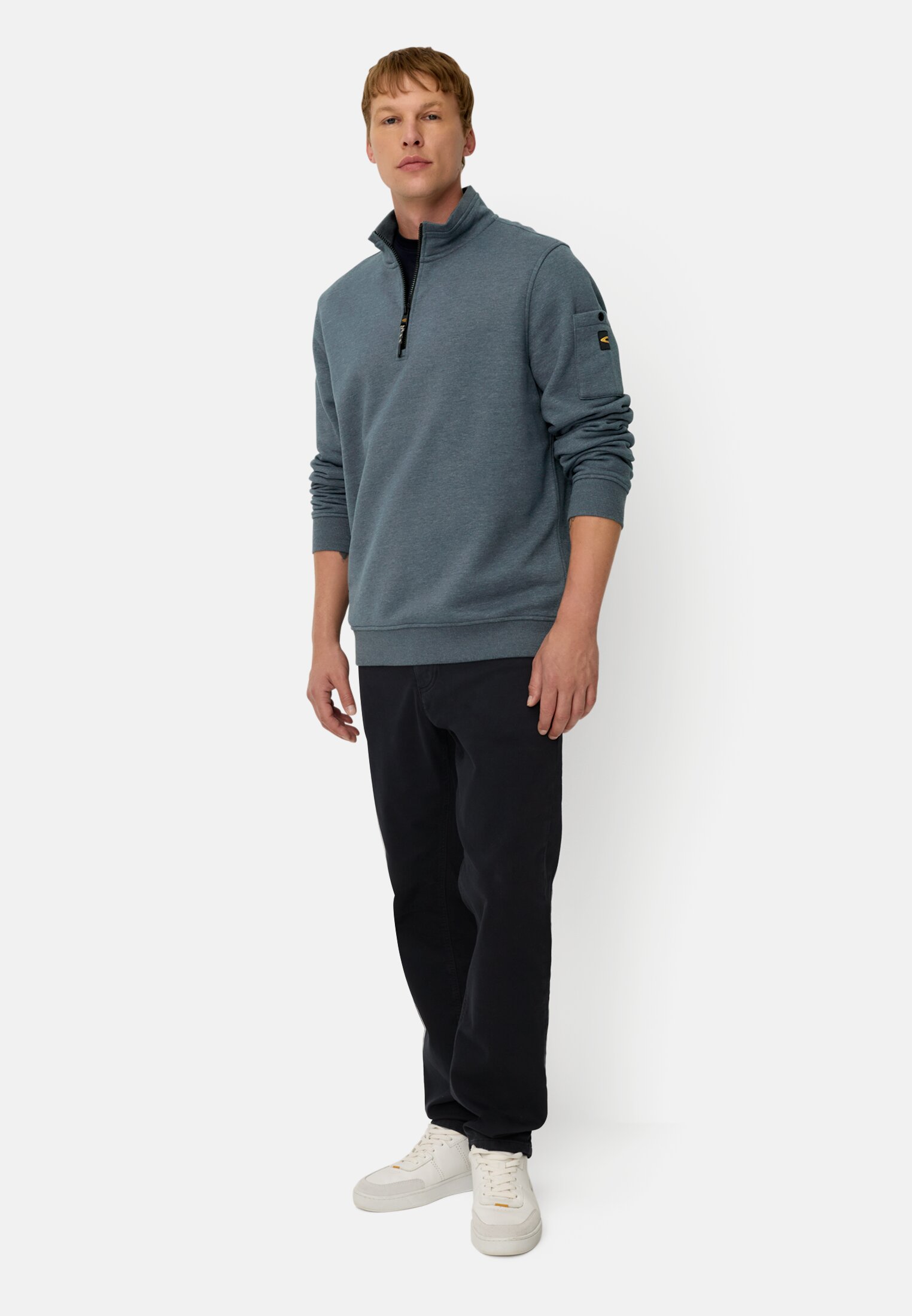 Men Sweatshirt with Troyer collar Ink blue worn front full body