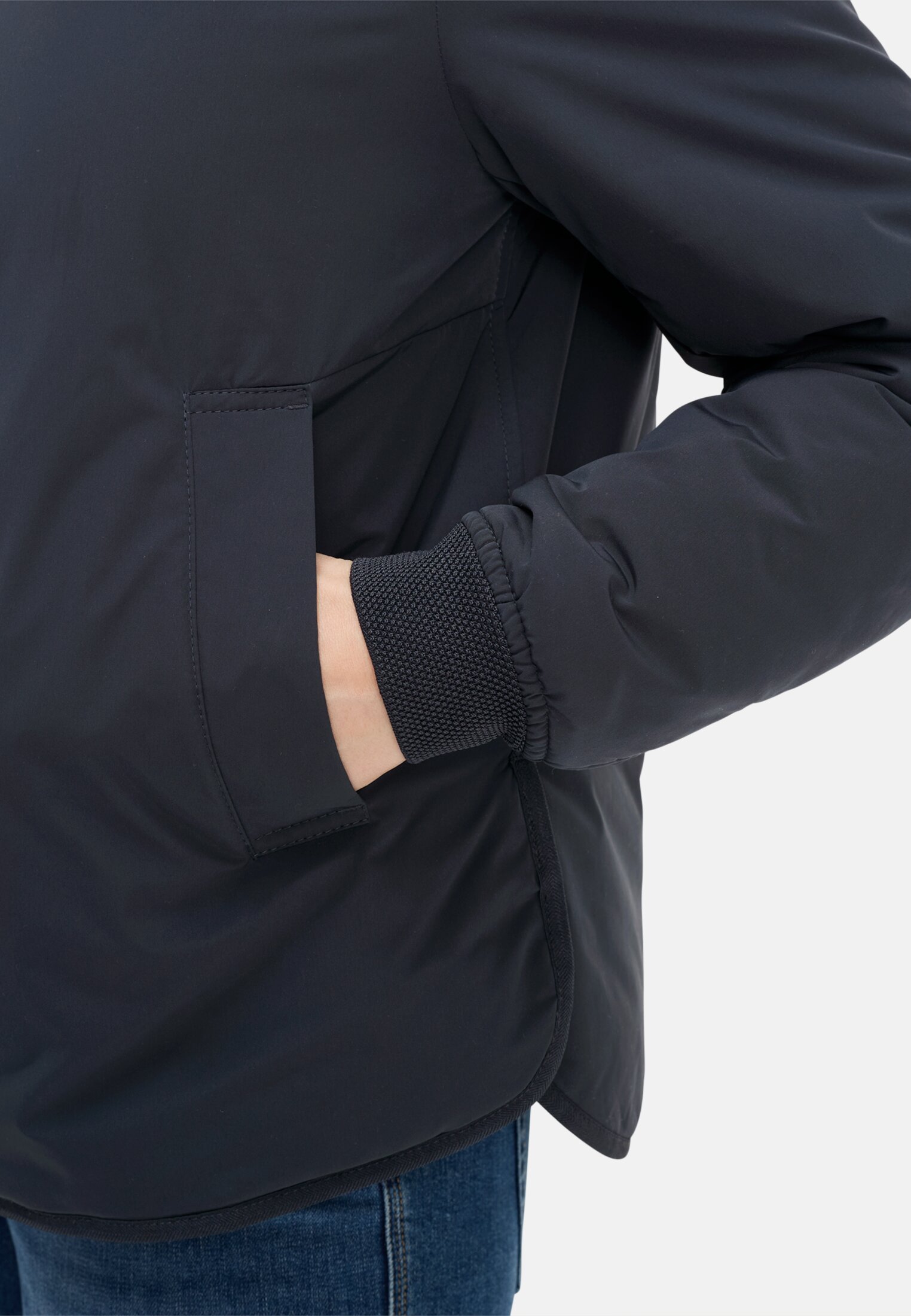 Women Jacket with 2-way zipper Navy Blue worn detail close