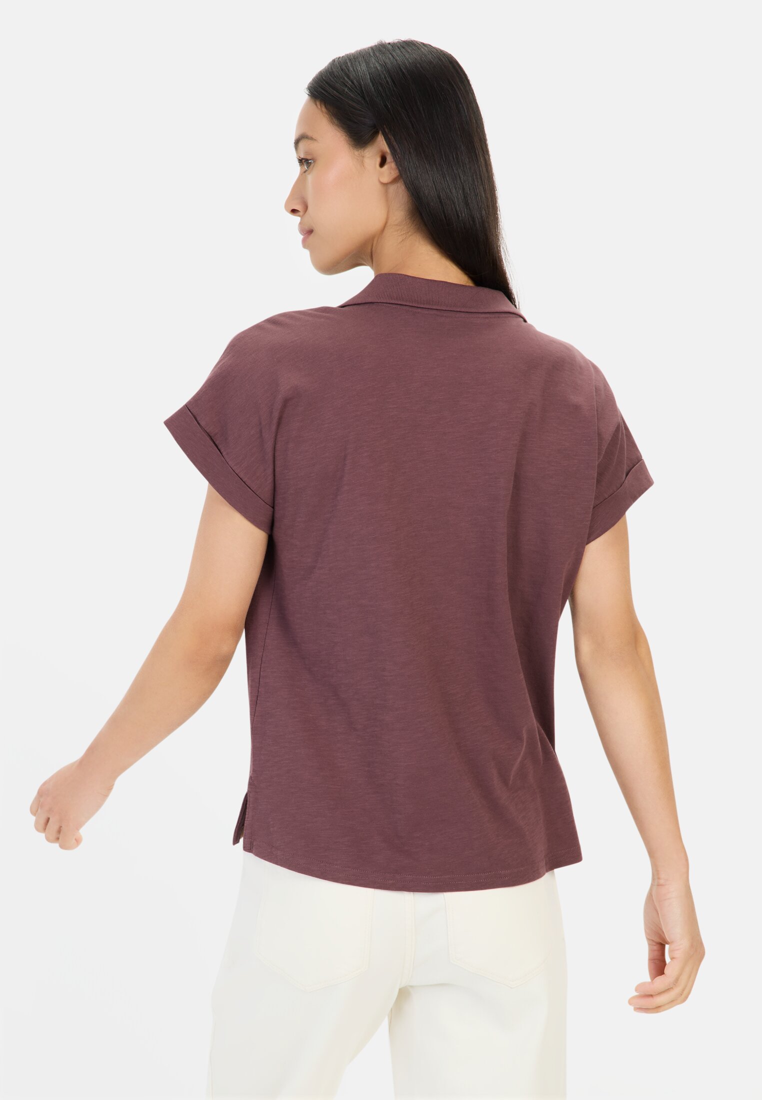 camelactive_T-Shirt_Violet_Milkwhite_309670-5T67-59_M2 Women Striped crew neck T-shirt made of pure cotton Dark Red worn back