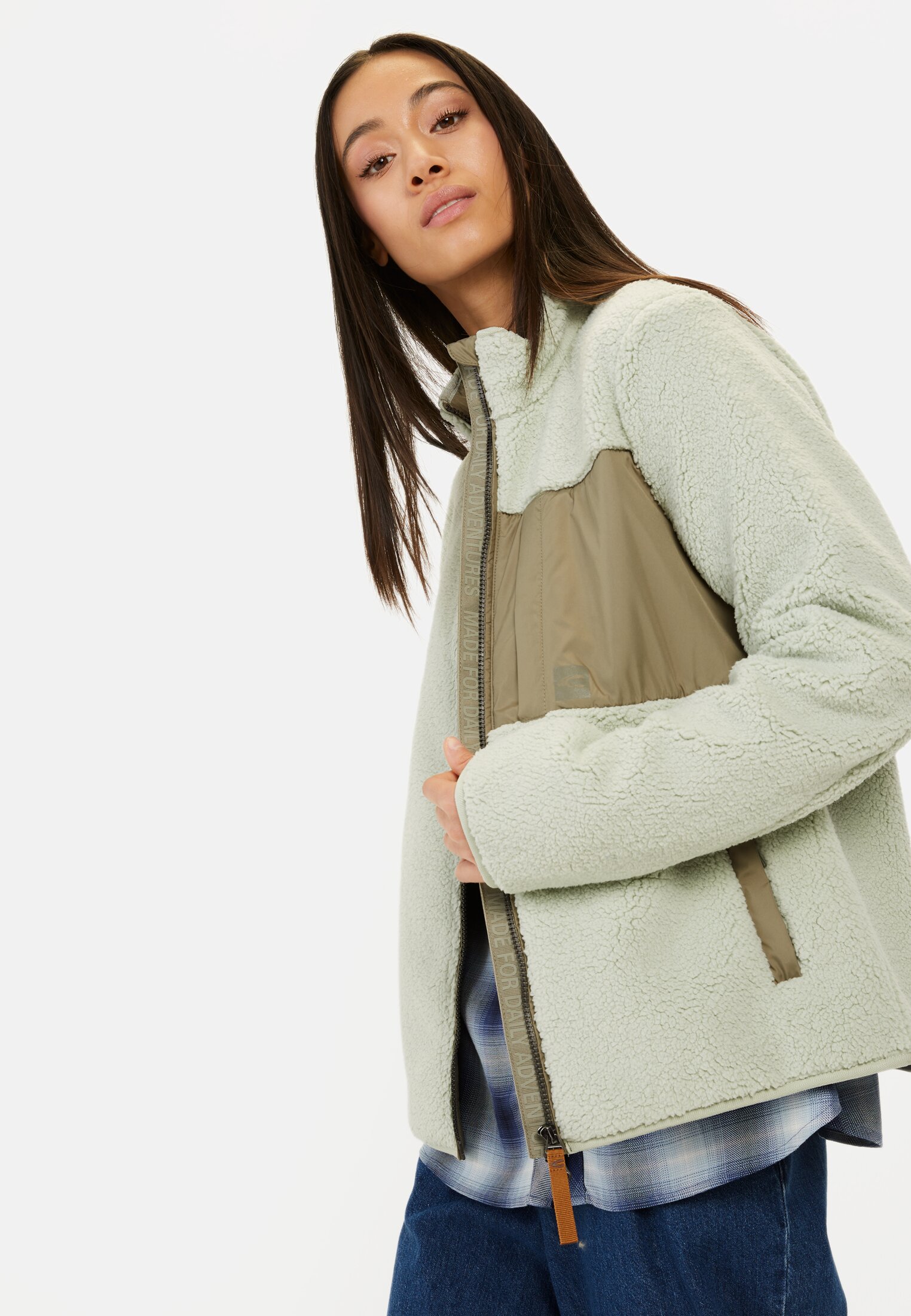 Women Fleece jacket with stand-up collar Eukalyptus worn emotional