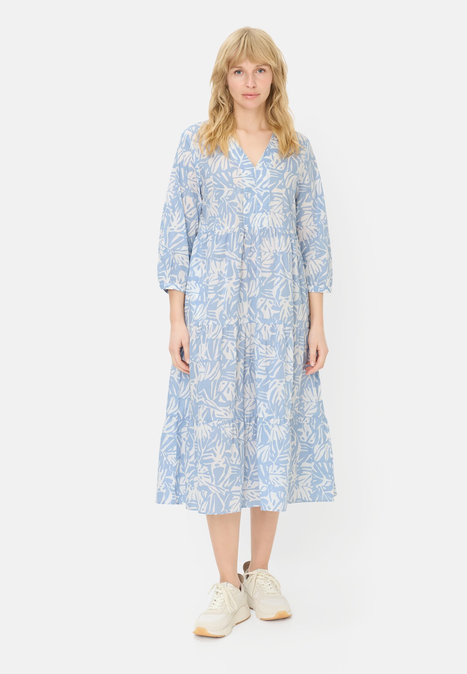 Women Mid-length summer dress with all-over print Light Blue AOP worn front