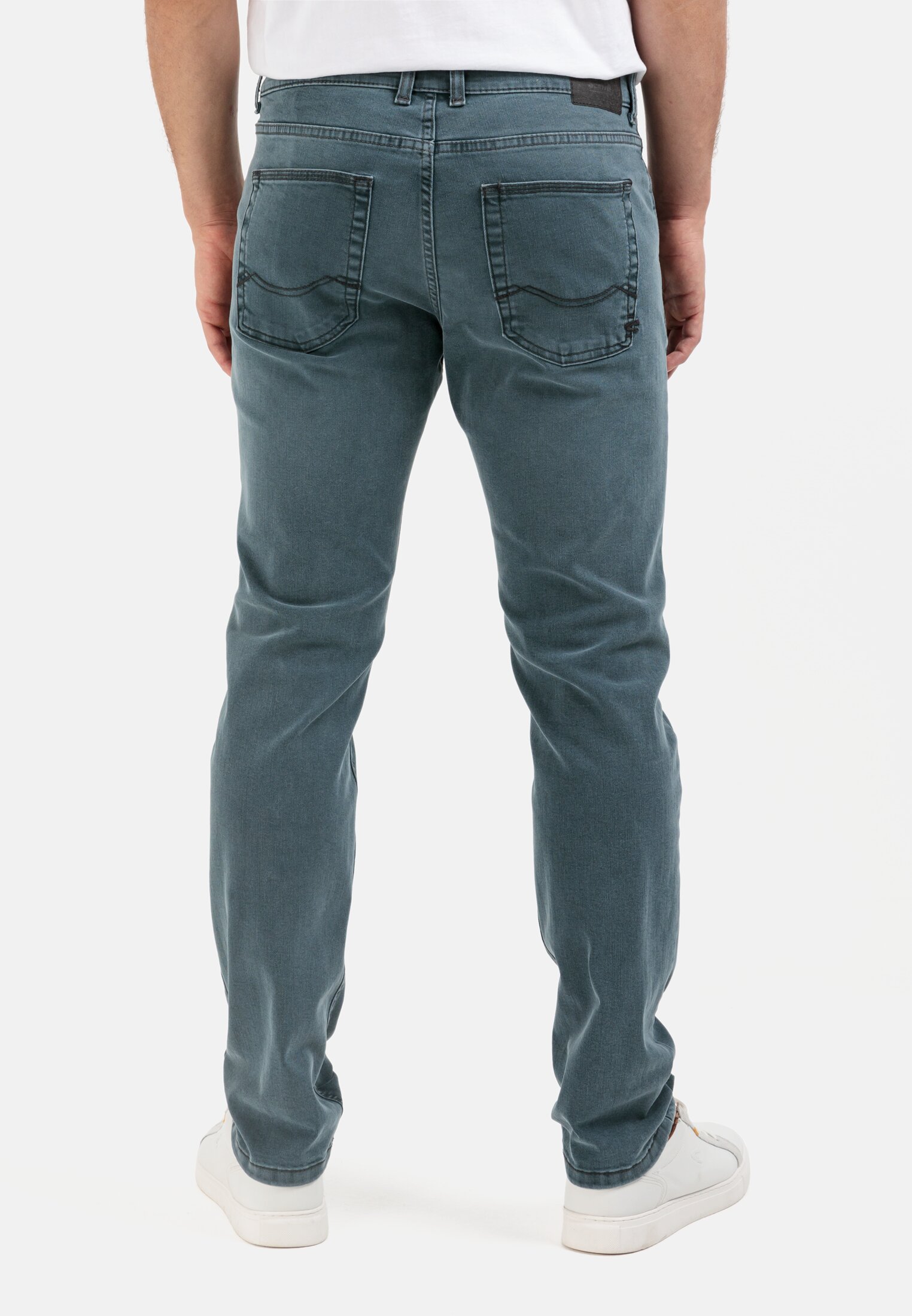 Herren Slim Fit 5-Pocket Jeans Blau-Grün getragen hinten