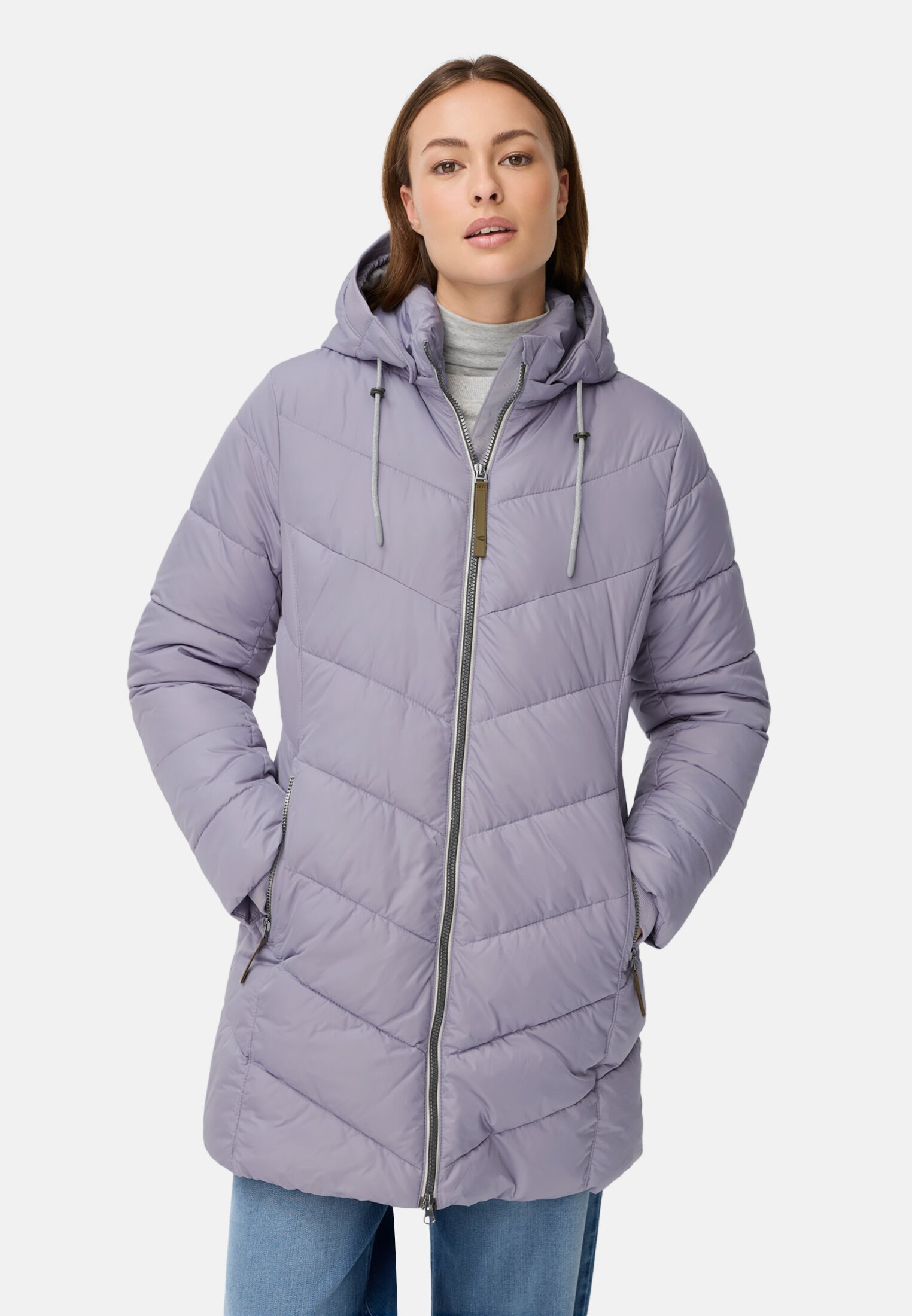 Women Padded jacket with detachable hood Purple worn front