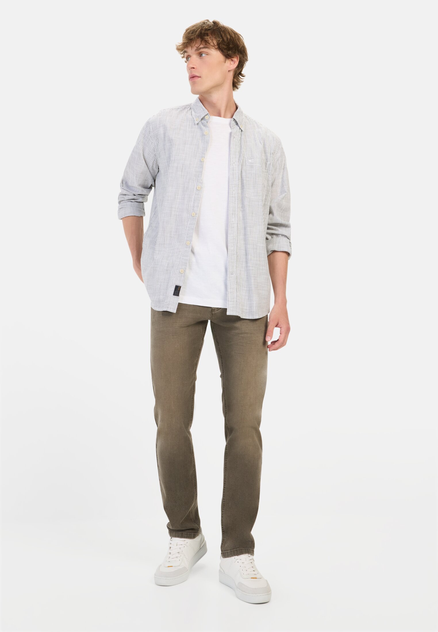 Men Slim fit jeans made from cotton Brown worn front full body